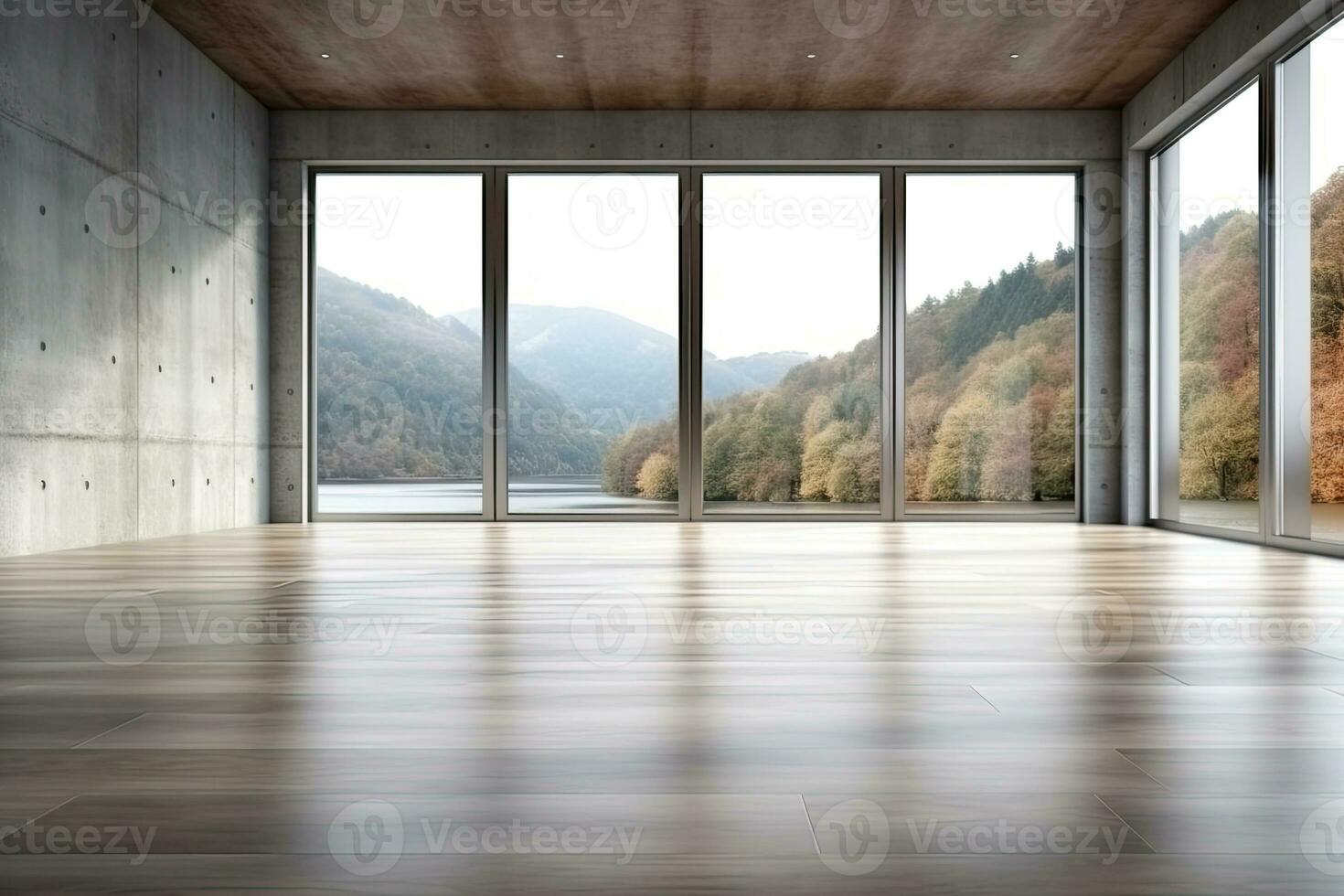 Empty room with panoramic window and mountain view. Generative AI photo