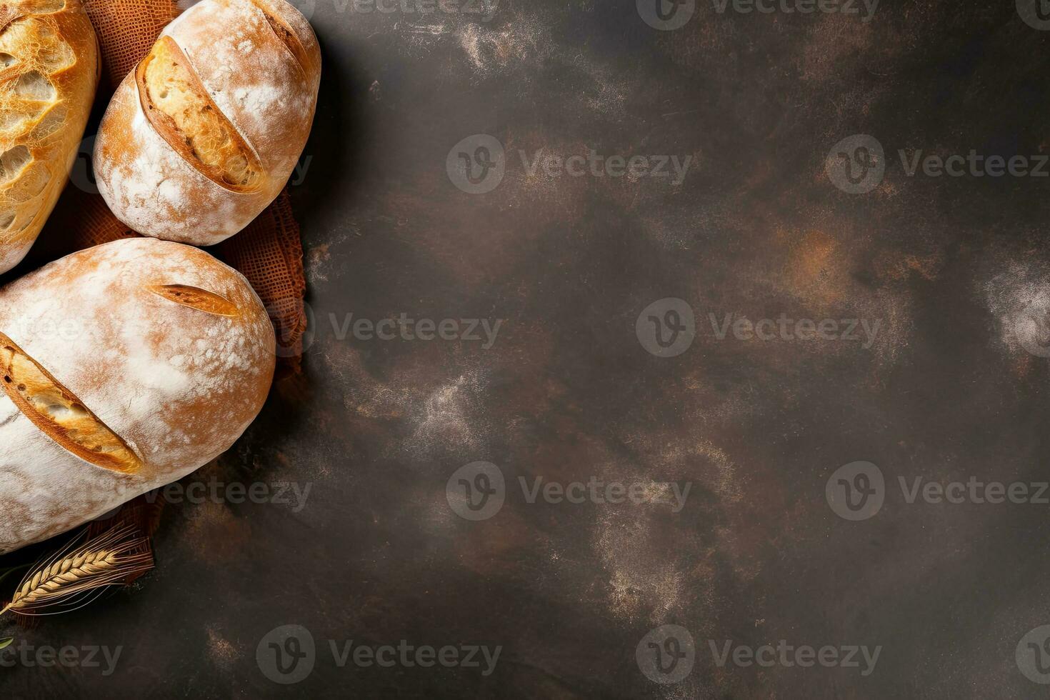 Freshly baked bread and wheat ears on rustic background. Top view with copy space. Generative AI photo