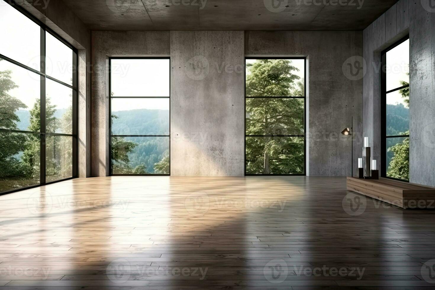 Empty room with panoramic window and mountain view. Generative AI photo