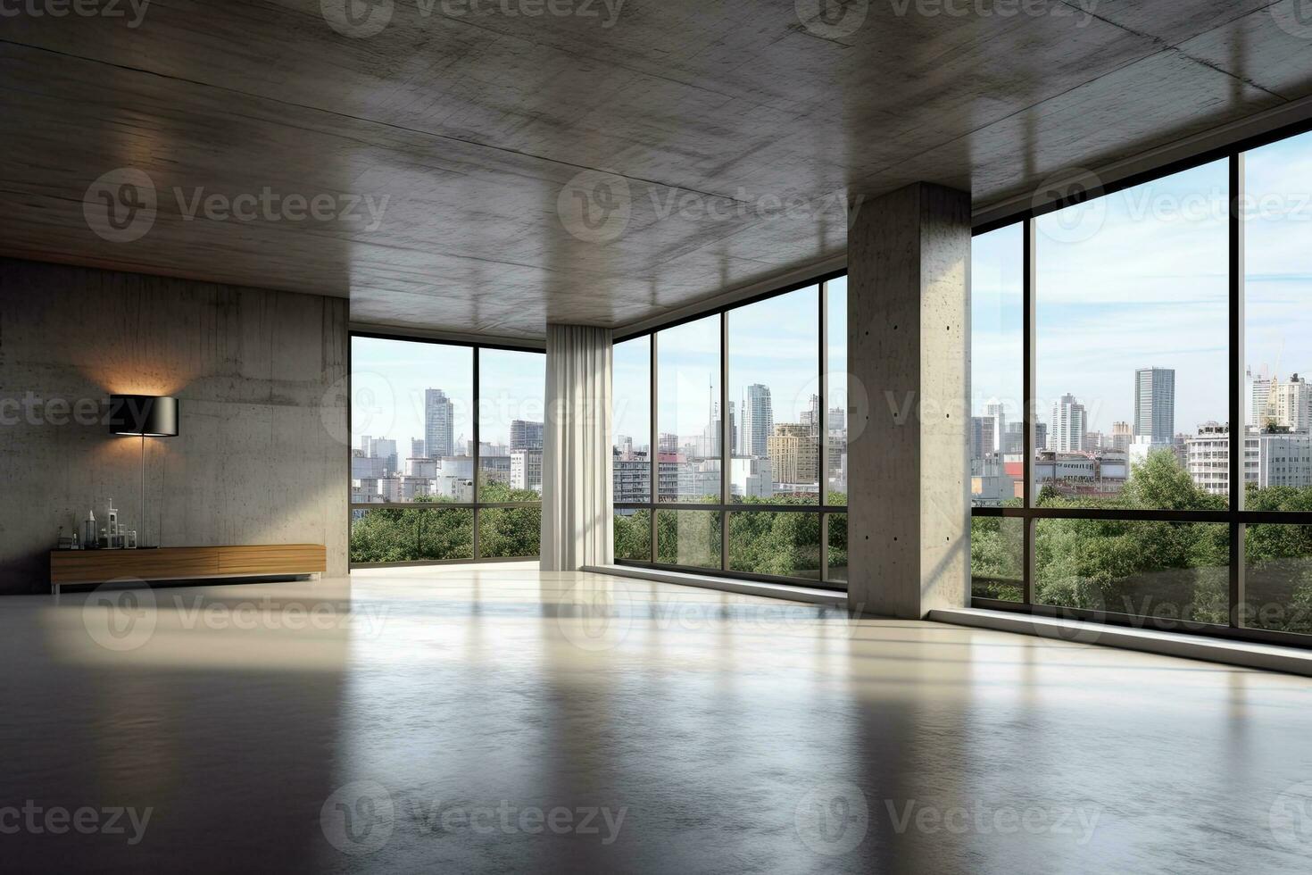 Empty room with panoramic window and mountain view. Generative AI photo