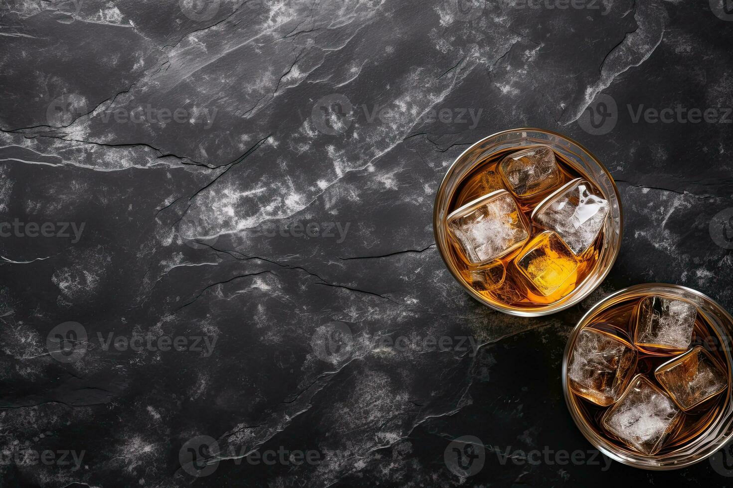 Whiskey with ice cubes on black marble background, top view.  Generative AI photo