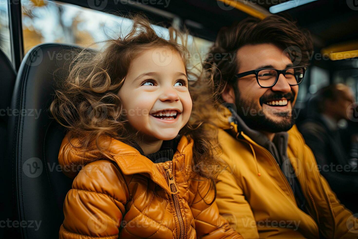 happy father and daughter looking at camera while sitting in backseat of car. Generative AI photo