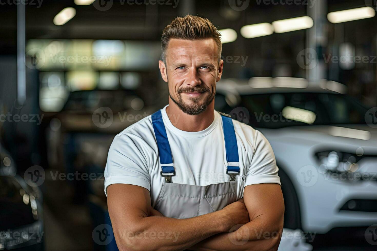 Technician, male auto mechanic in coverall in modern auto repair shop, garage. Generative AI photo