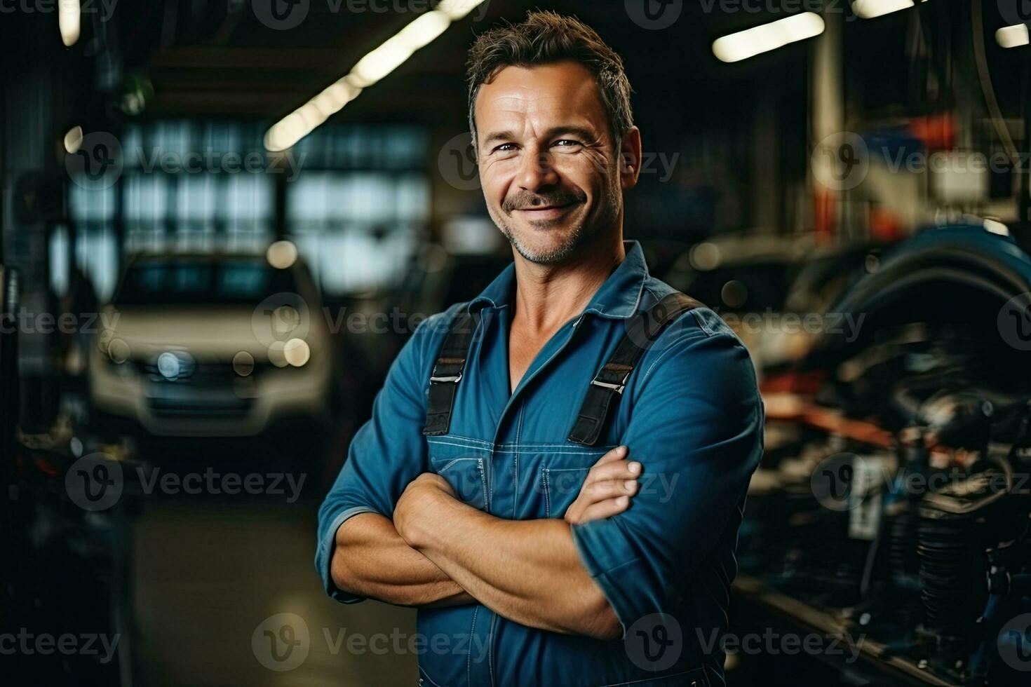 Technician, male auto mechanic in coverall in modern auto repair shop, garage. Generative AI photo