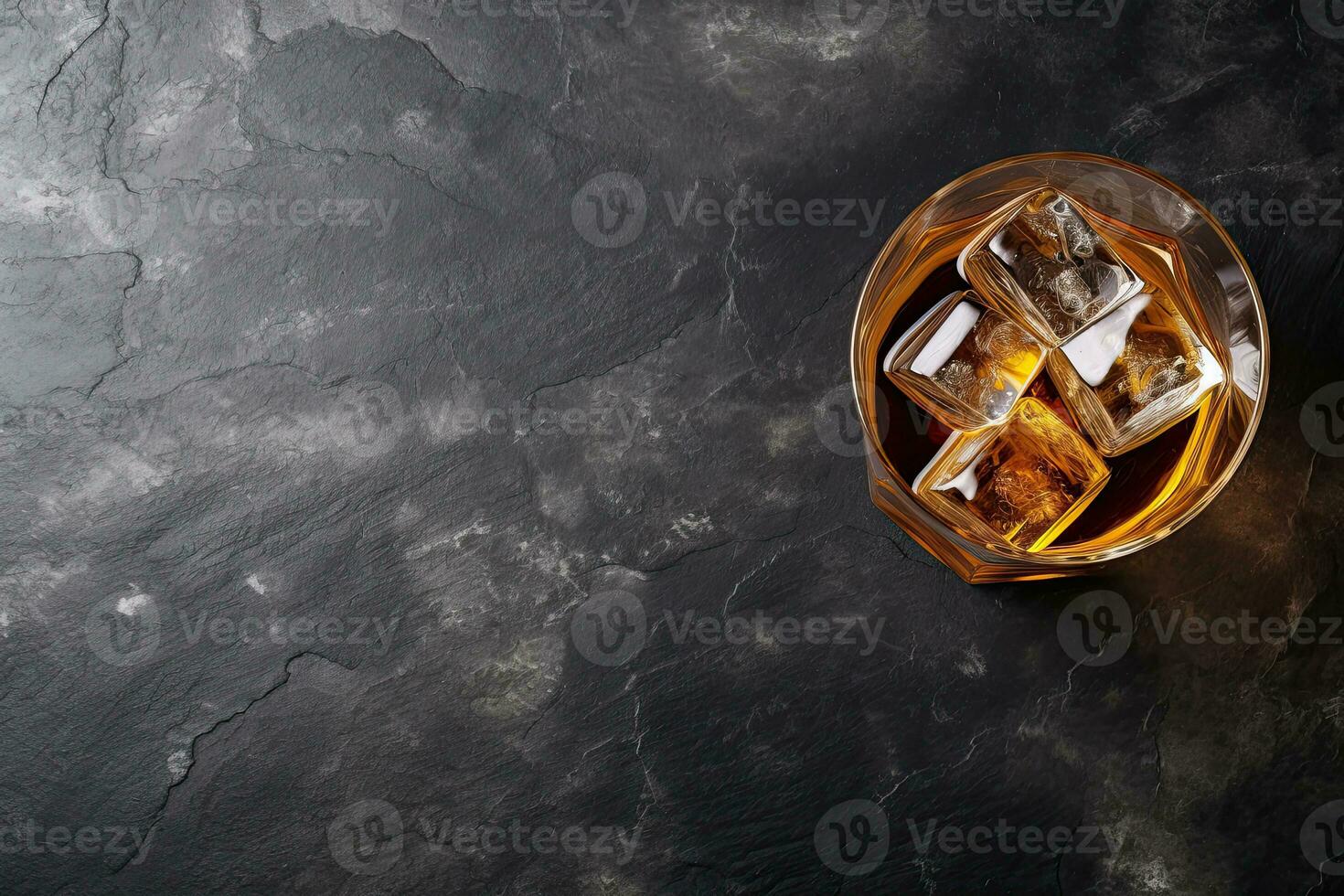 Whiskey with ice cubes on black marble background, top view.  Generative AI photo