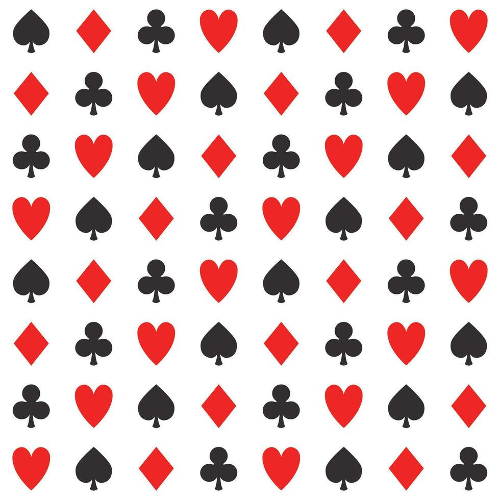 Simple poker repeat pattern, vector seamless casino background with card suits, clubs, hearts, spades and diamonds