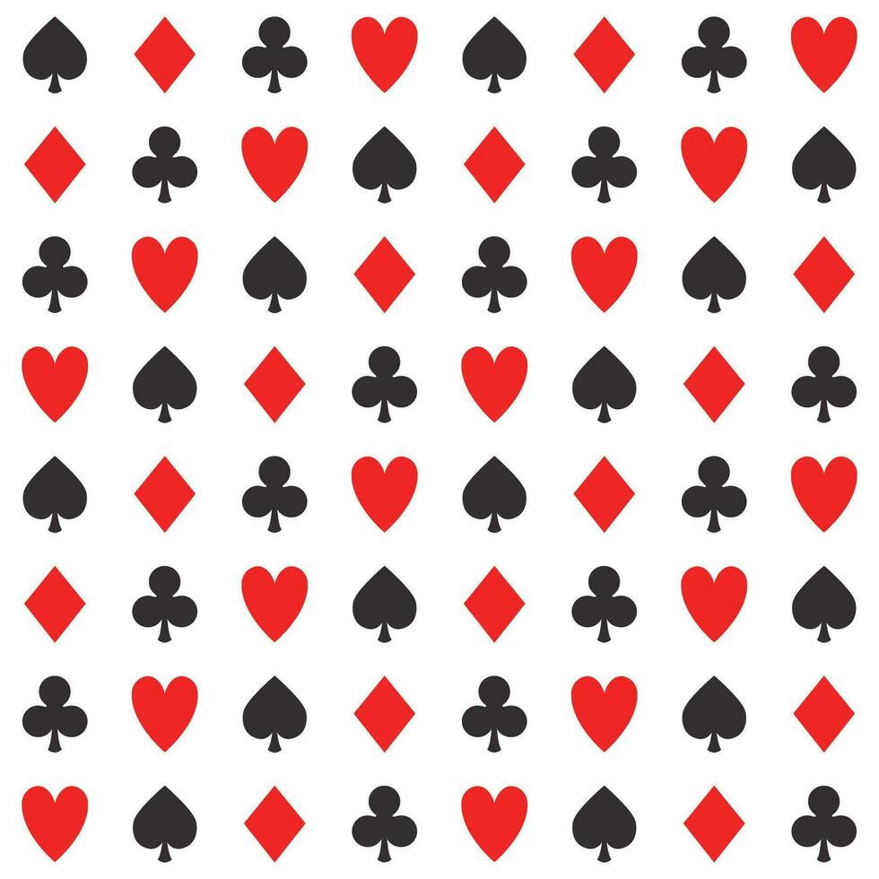 Simple poker repeat pattern, vector seamless casino background with card suits, clubs, hearts, spades and diamonds