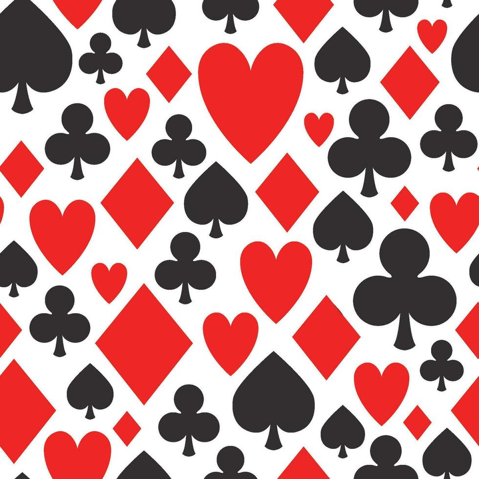 Poker repeat pattern, vector seamless casino background with card suits, clubs, hearts, spades and diamonds