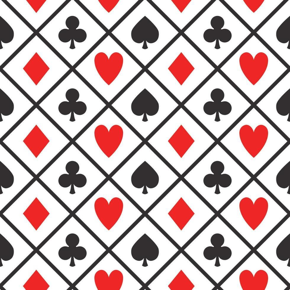 Poker card game pattern, seamless vector casino background with card suits, clubs, hearts, spades and diamonds with black lines and white background