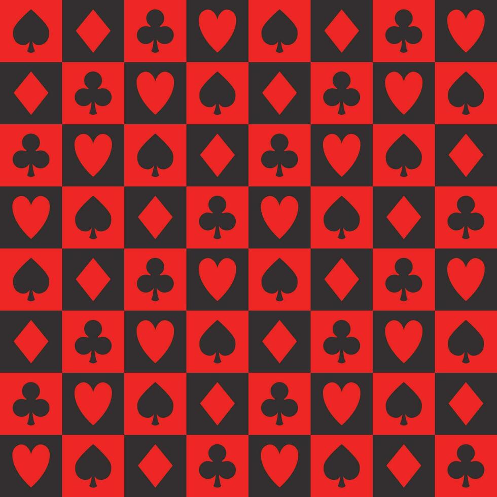 poker pattern, seamless vector casino background with card suits, clubs, hearts, spades and diamonds with black and red checks