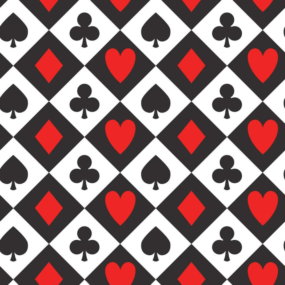 Seamless poker card game pattern, seamless vector casino background with card suits, clubs, hearts, spades and diamonds in black and white checks