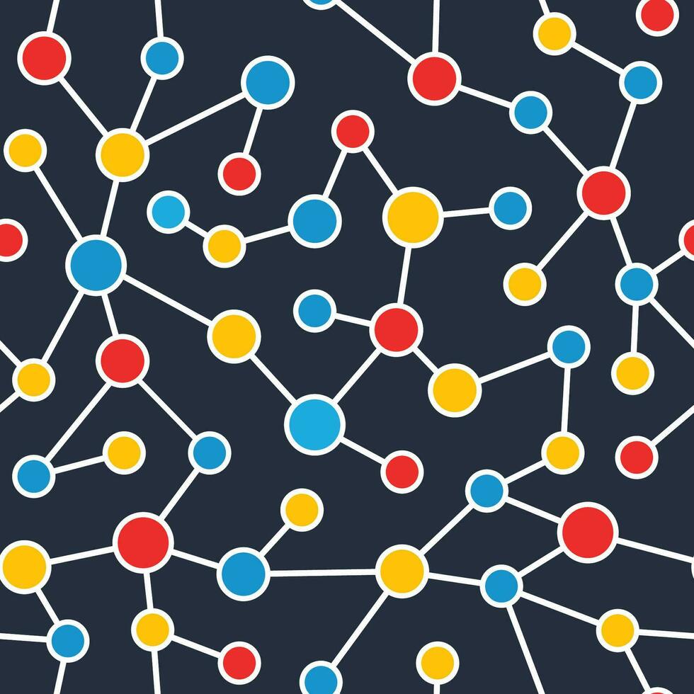 colorful dots molecular network pattern repeating on dark blue background vector