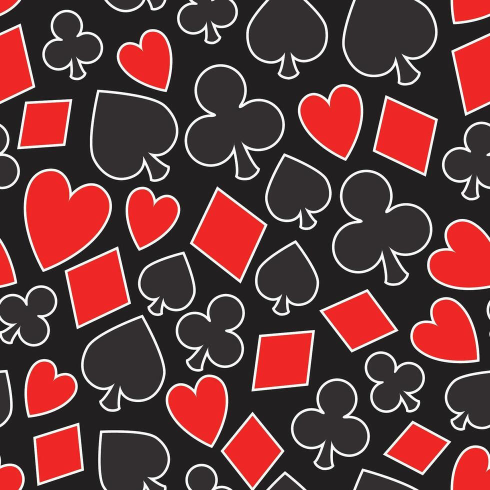 Poker card repeat pattern, vector seamless casino background with card suits, clubs, hearts, spades and diamonds with white outline