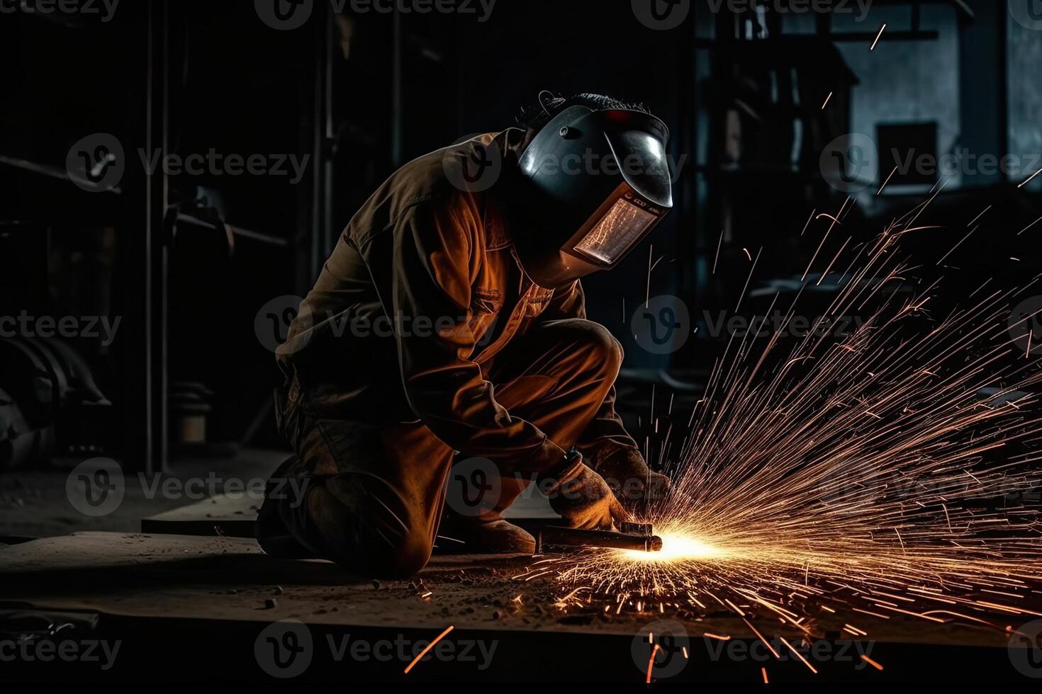 Industrial worker with protective mask welding steel structure in a factory. photo