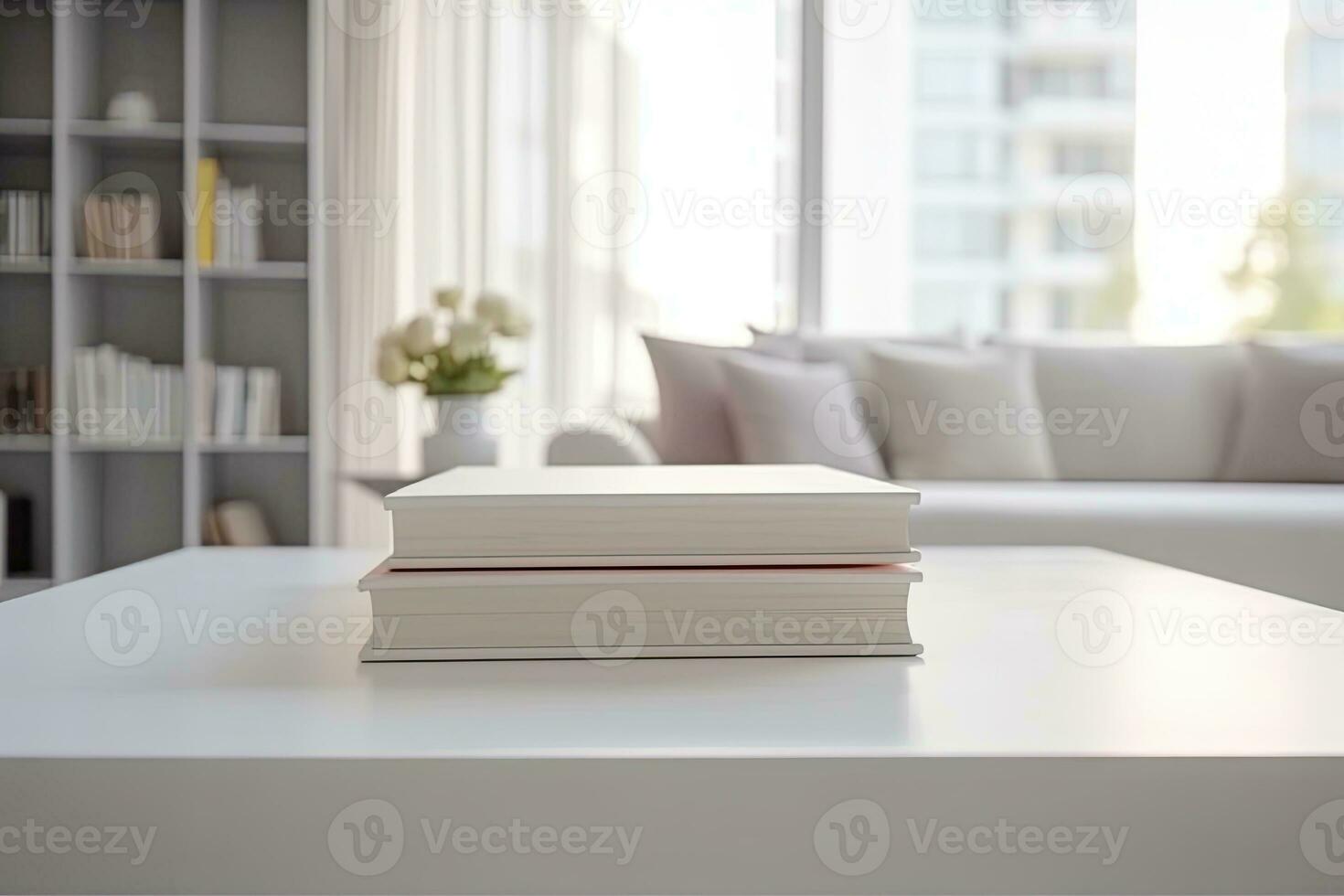 Close - up Modern white table top with free space to edit your product display with books above the living room blurred in the background. Generative AI photo