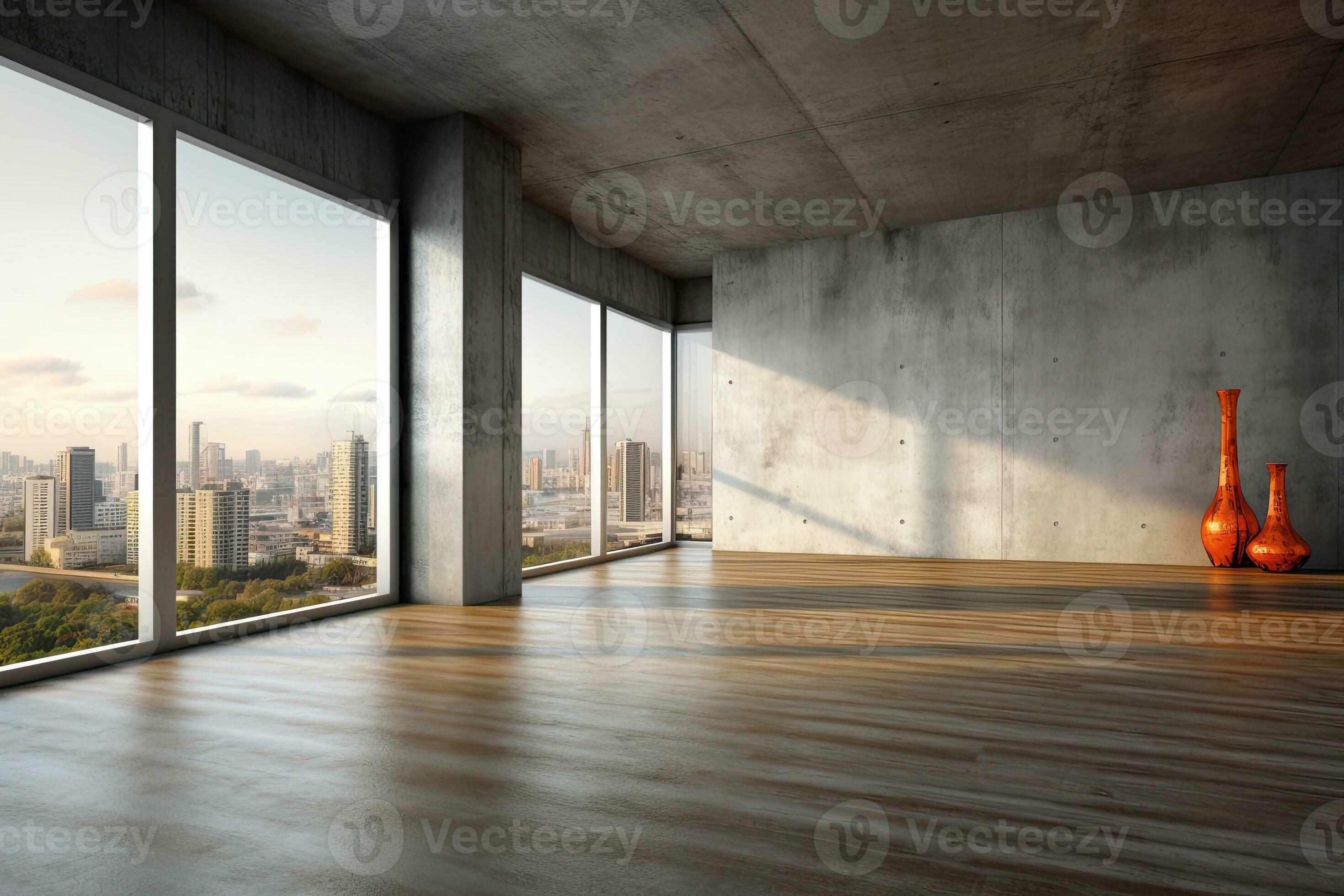 Empty room with panoramic window and mountain view. Generative AI