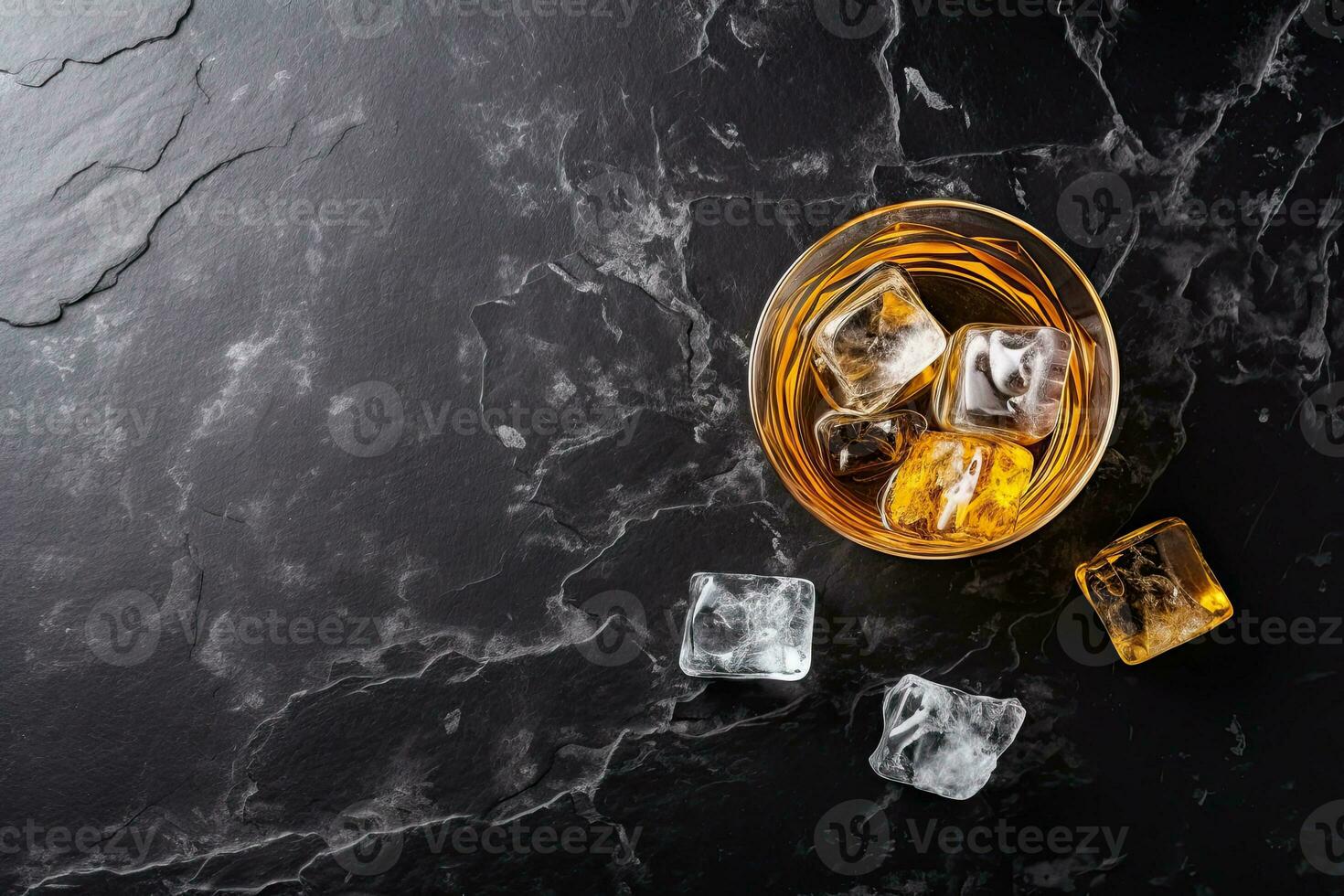 Whiskey with ice cubes on black marble background, top view.  Generative AI photo