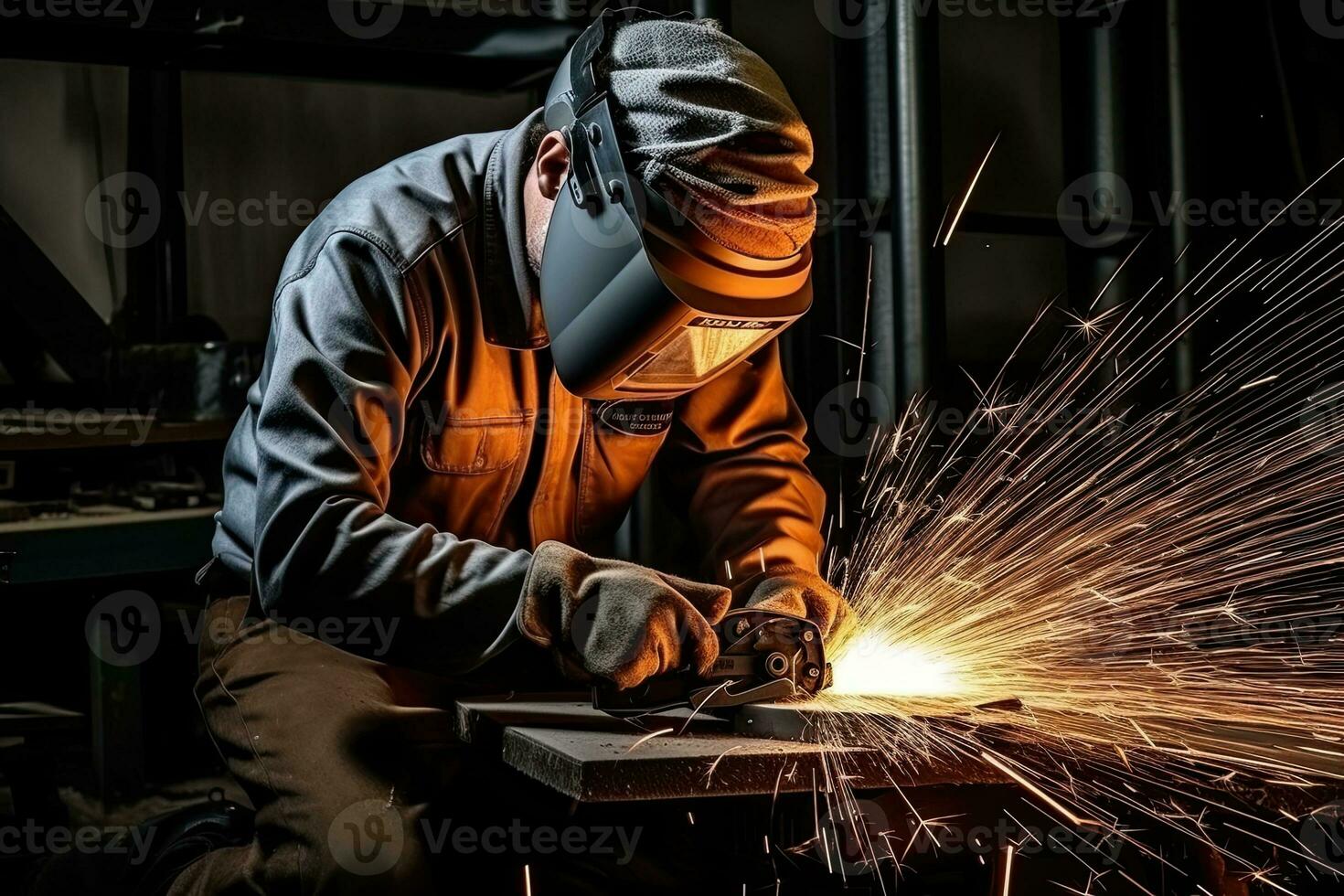 Industrial worker wearing protective clothing and mask welding metal in factory. Generative AI photo