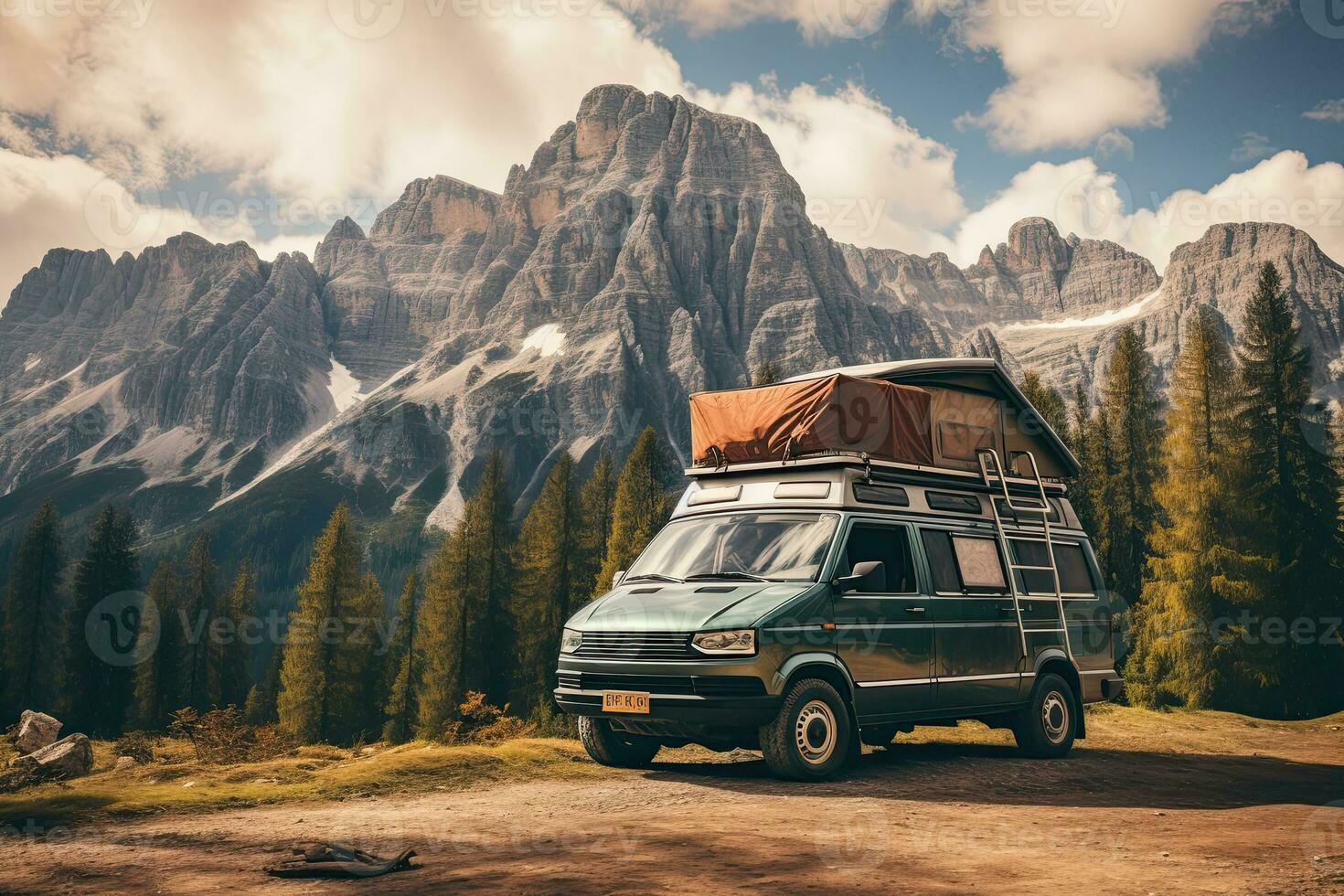 Camping in the mountains. Caravan car on the background of mountains. Generative AI photo