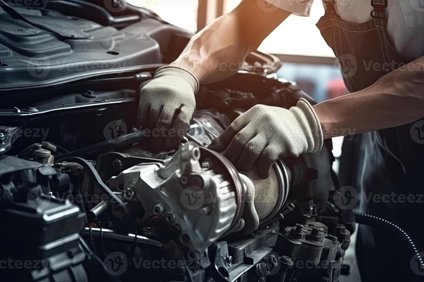 Professional mechanic working in auto repair shop. Car service and maintenance concept. photo