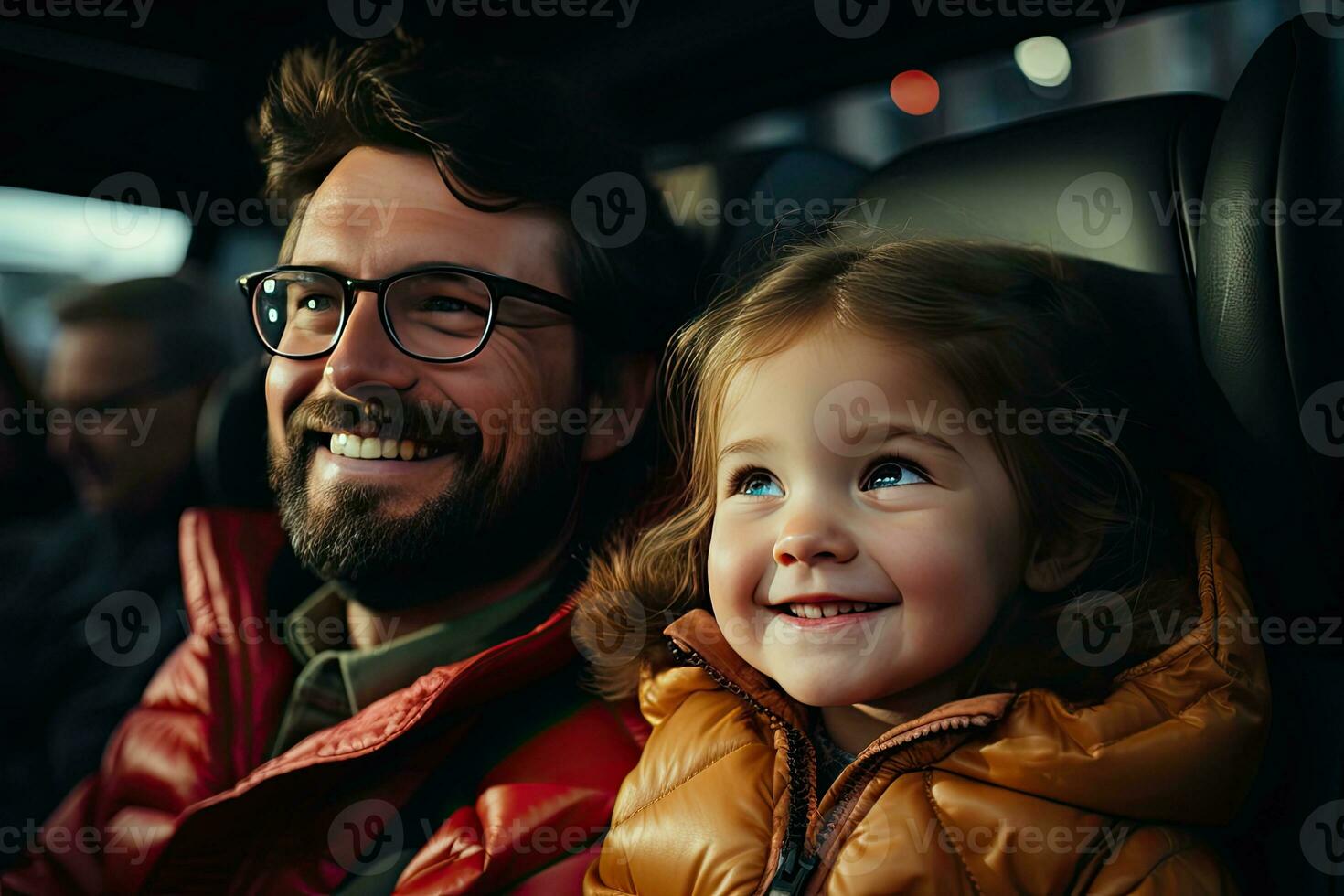 happy father and daughter looking at camera while sitting in backseat of car. Generative AI photo