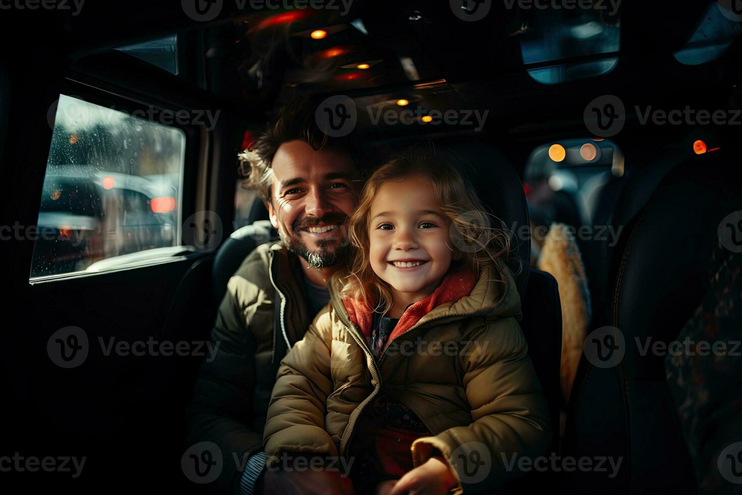 happy father and daughter looking at camera while sitting in backseat of car. Generative AI photo