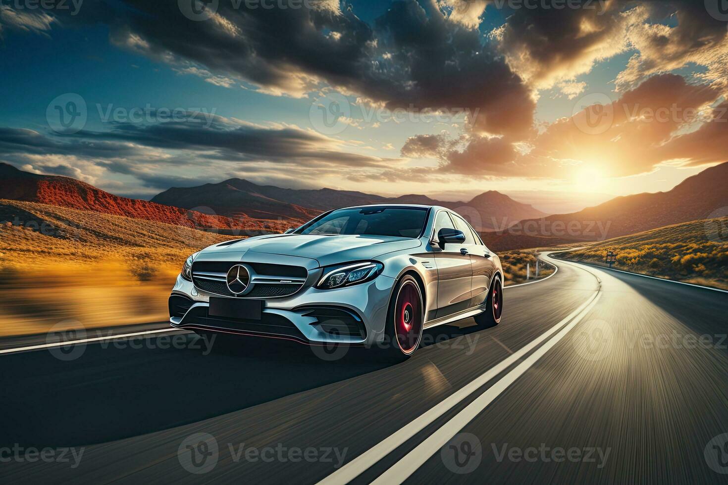 Sports car on the road at sunset with blur effect. Generative AI photo