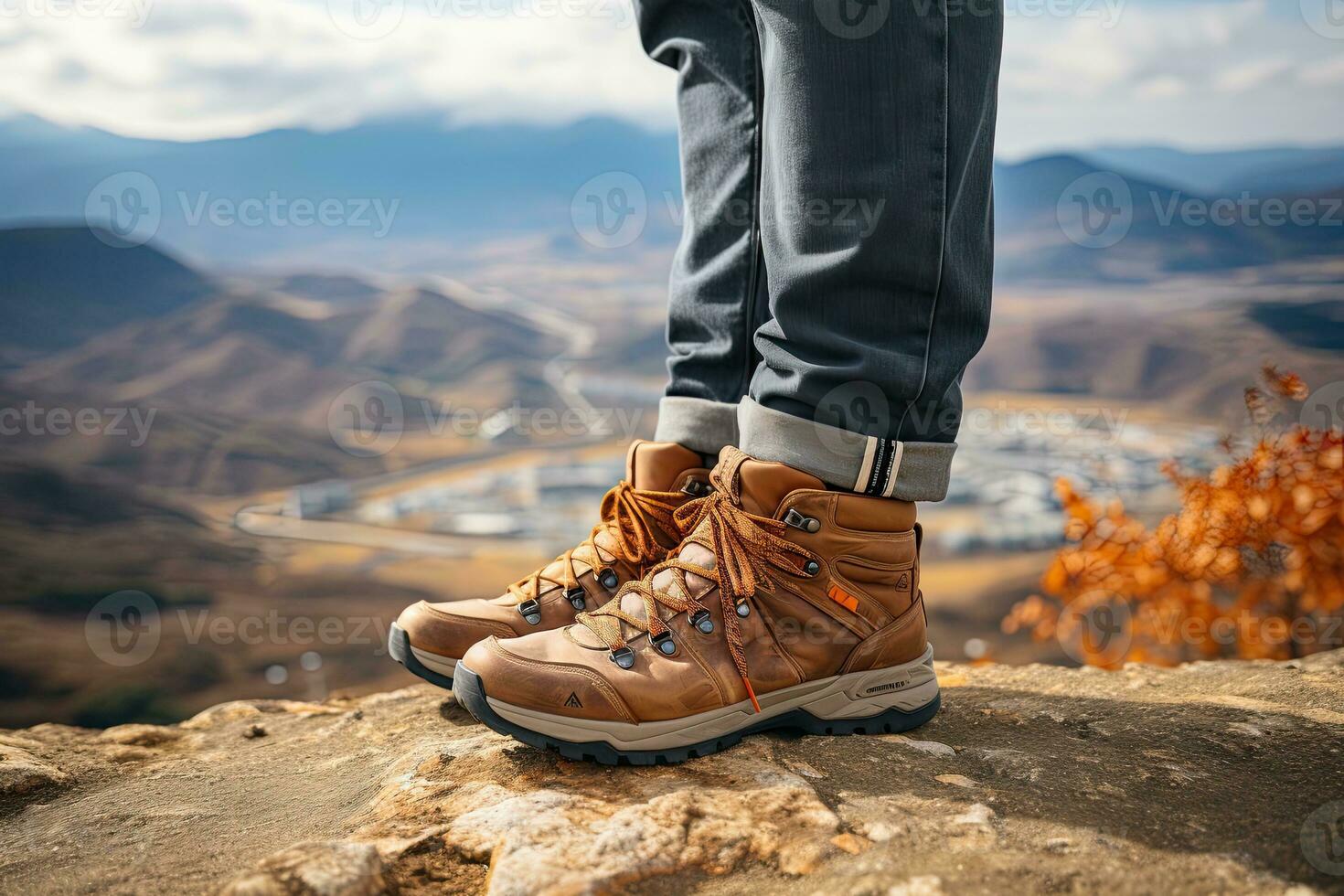 close view the legs of a young man standing on a hill. Generative AI photo