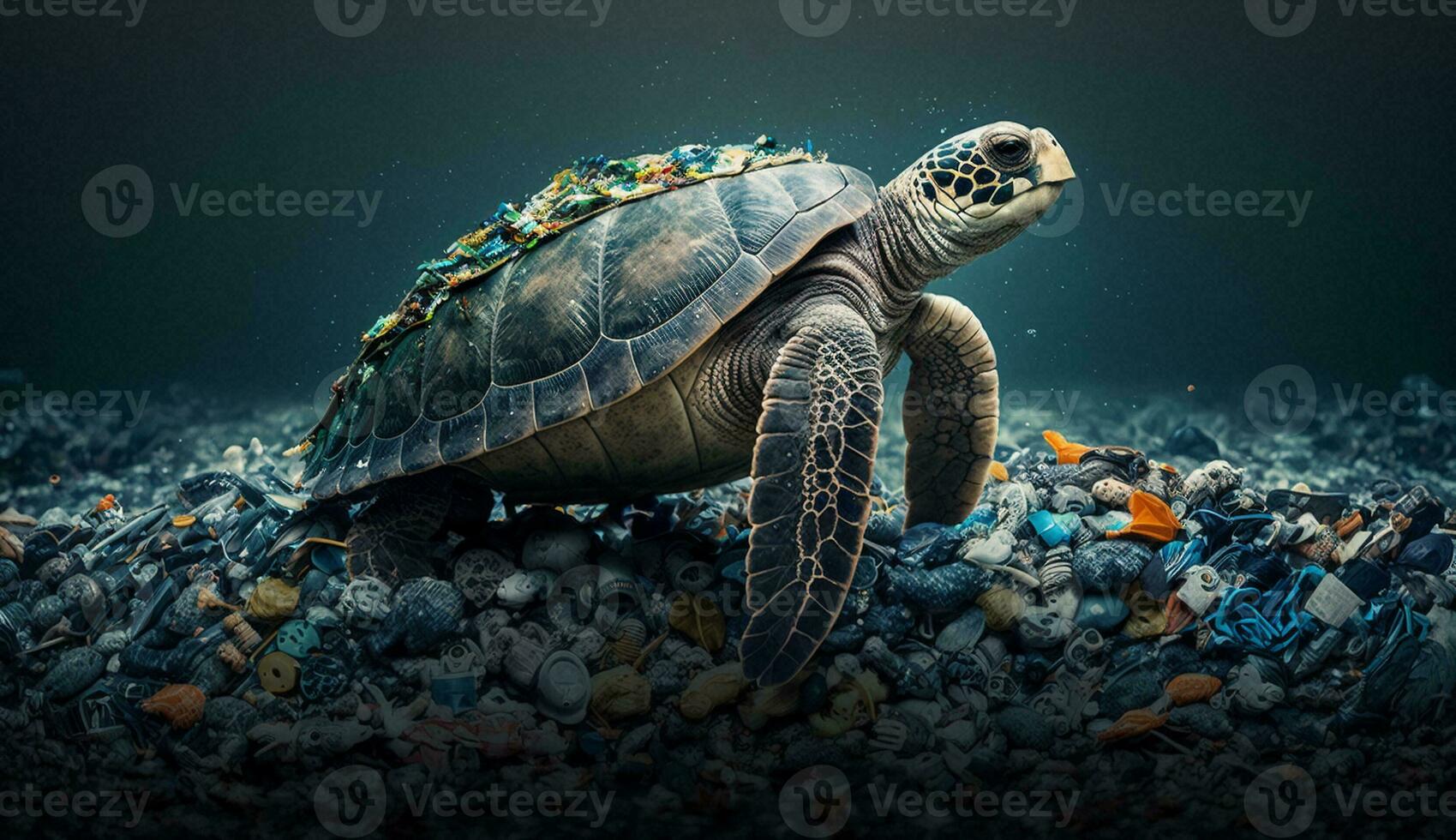 A turtle sleeps among the piles of plastic waste, concept of saving the world. Generative AI. photo