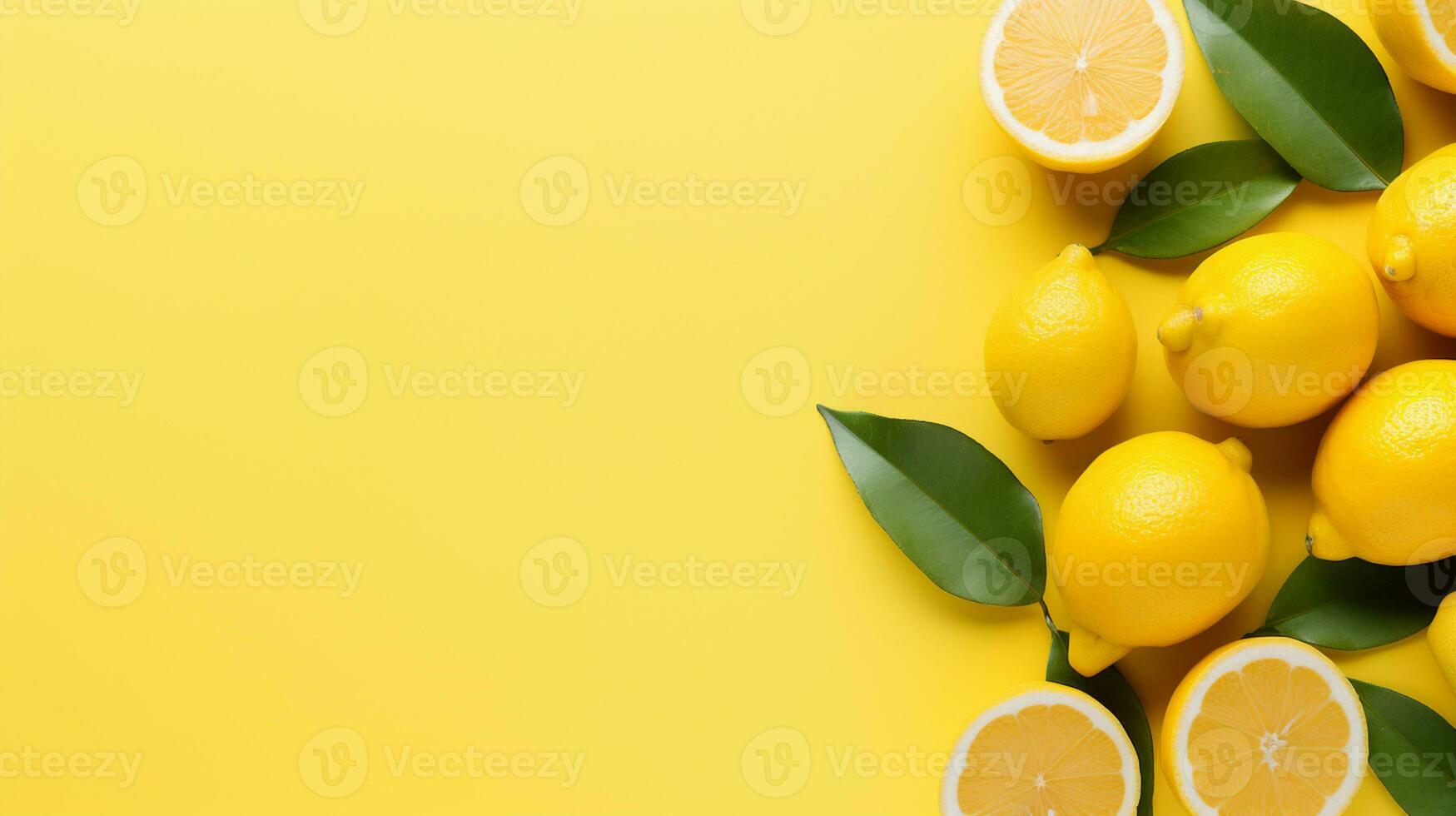 Fresh lemons with green leaves on yellow background, top view with copy space Ai generative photo