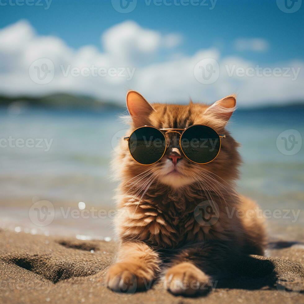 Cute cat with sunglasses lying on the beach. Summer vacation concept. Ai generative photo