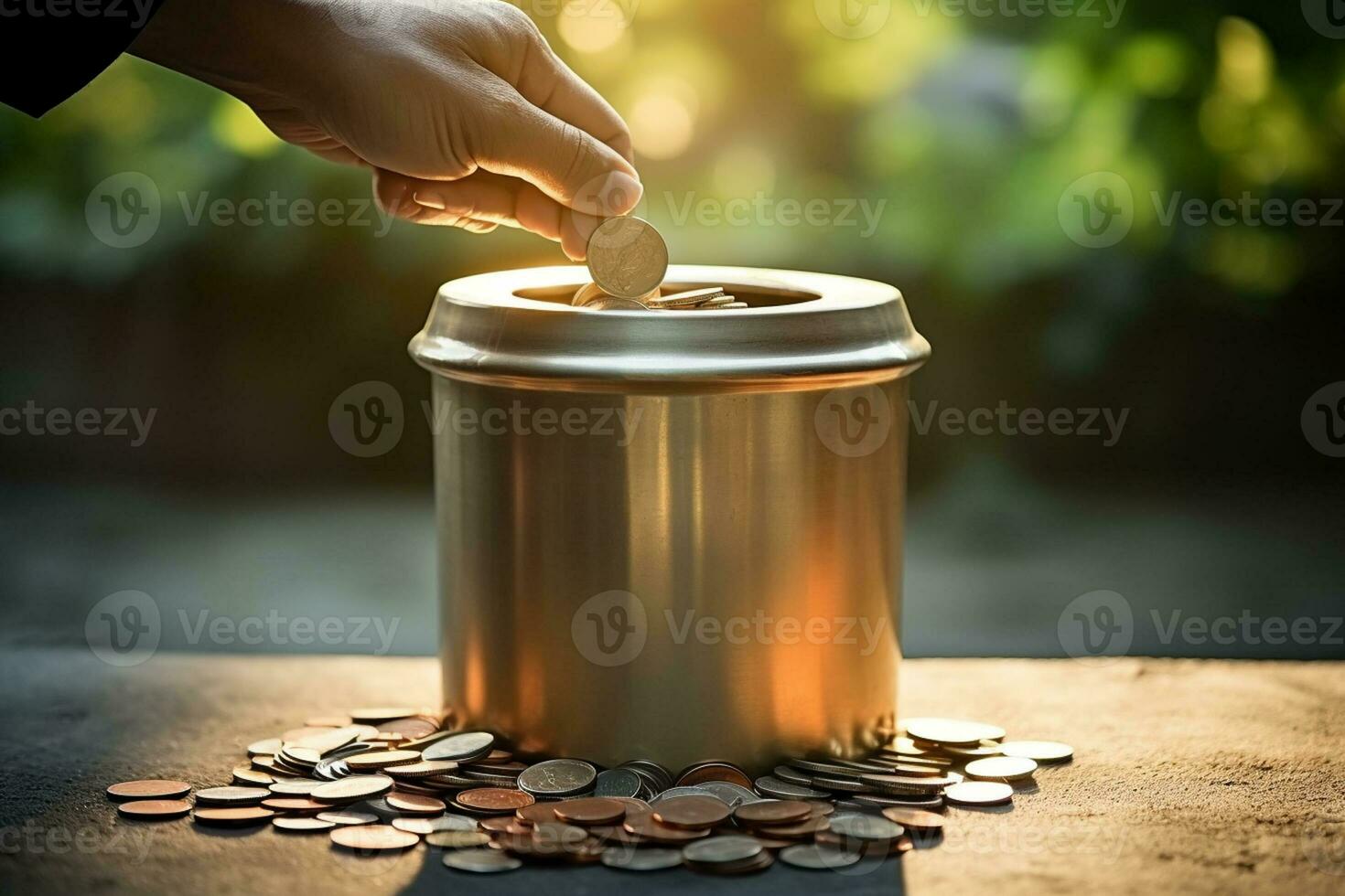 mano poniendo moneda dentro un cerdito banco en borroso antecedentes con bokeh ai generativo foto