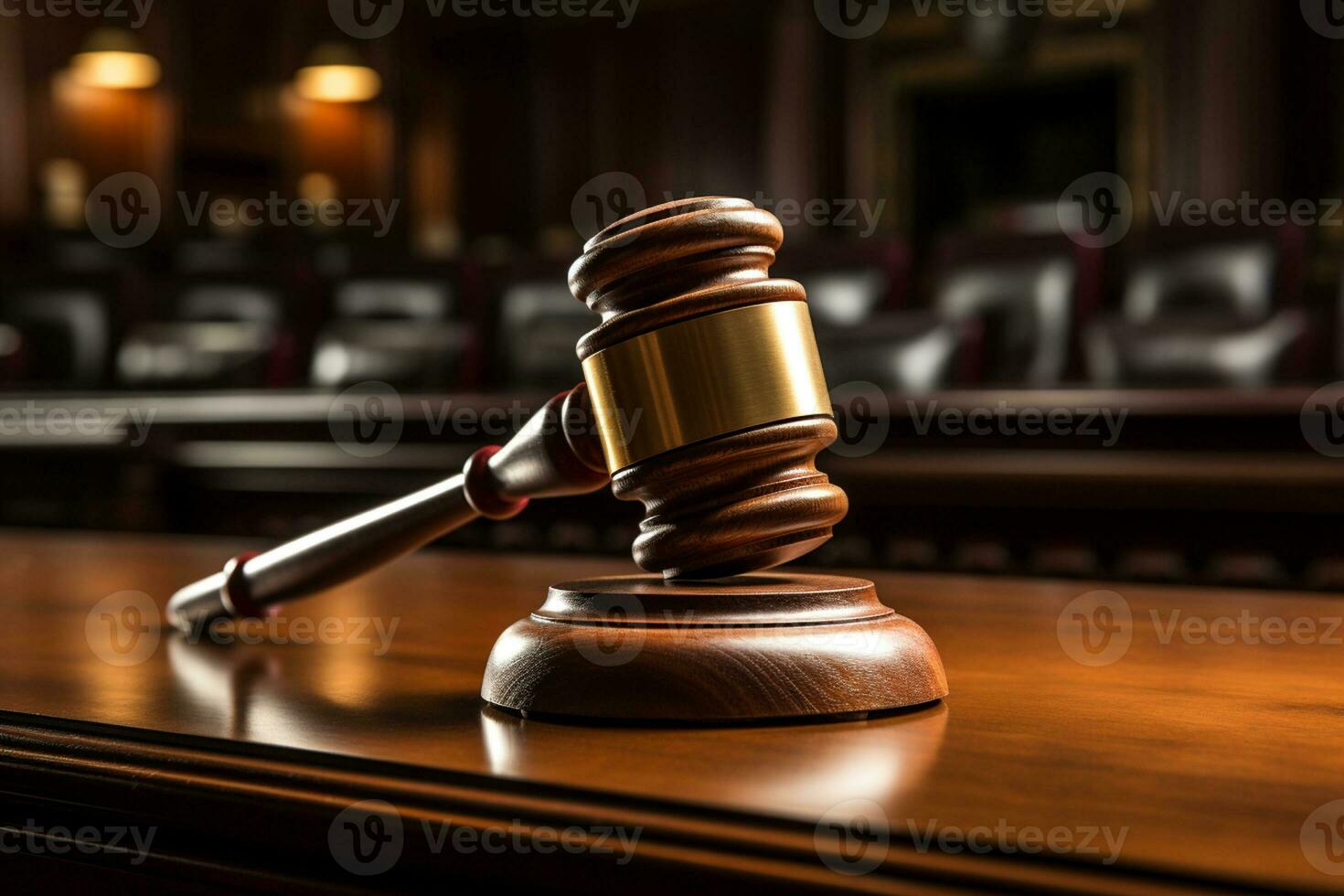 Law theme, mallet of judge, wooden gavel in courtroom Ai generative photo