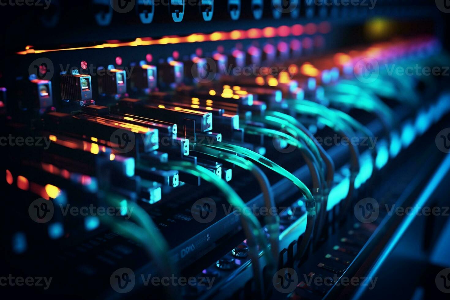 Fiber Optic cables connected to an optic ports in data center Ai generative photo