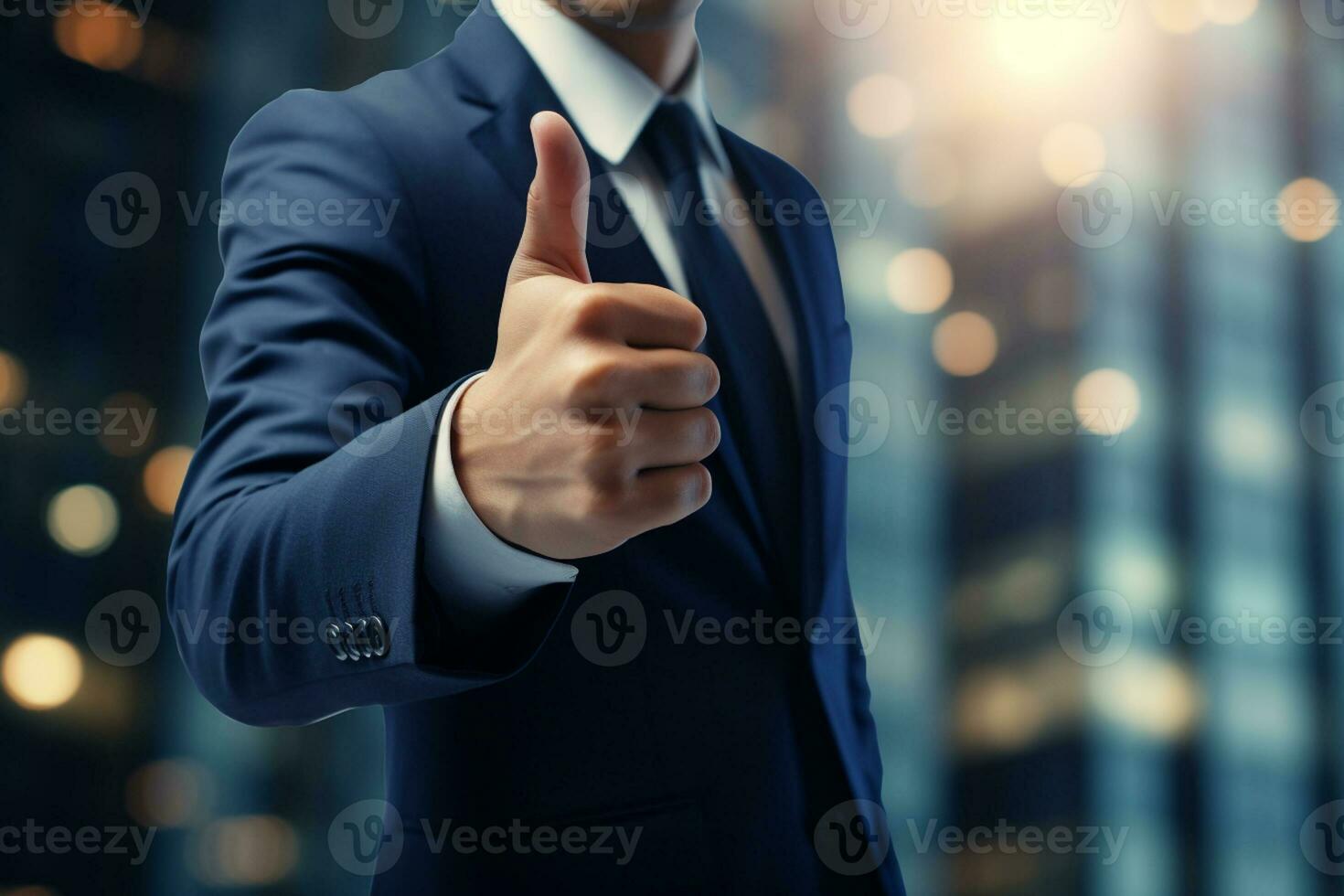 Close up of businessman with thumbs up over office building background Ai generative photo