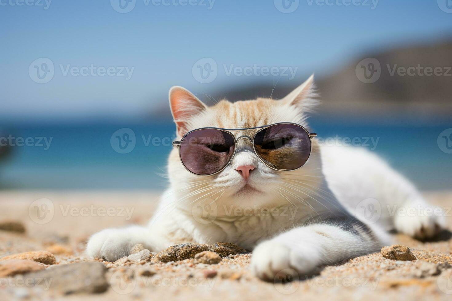 Cute cat wearing sunglasses lying on the sand at the beach. Ai generative photo