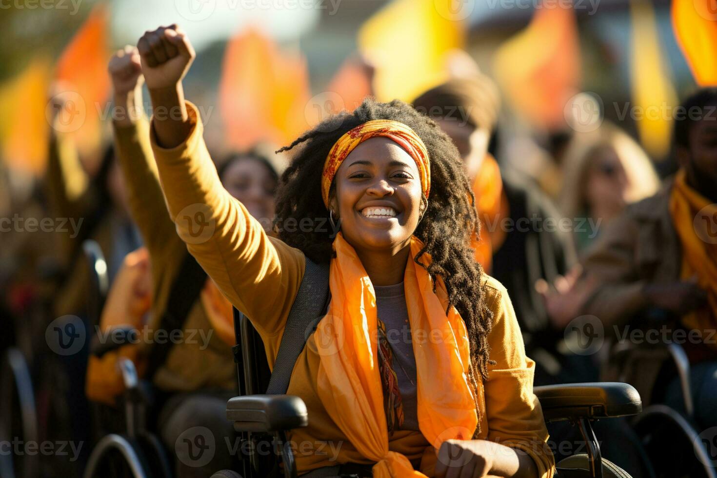 Portrait of happy african american woman in wheelchair with raised hands at demonstration Ai generative photo