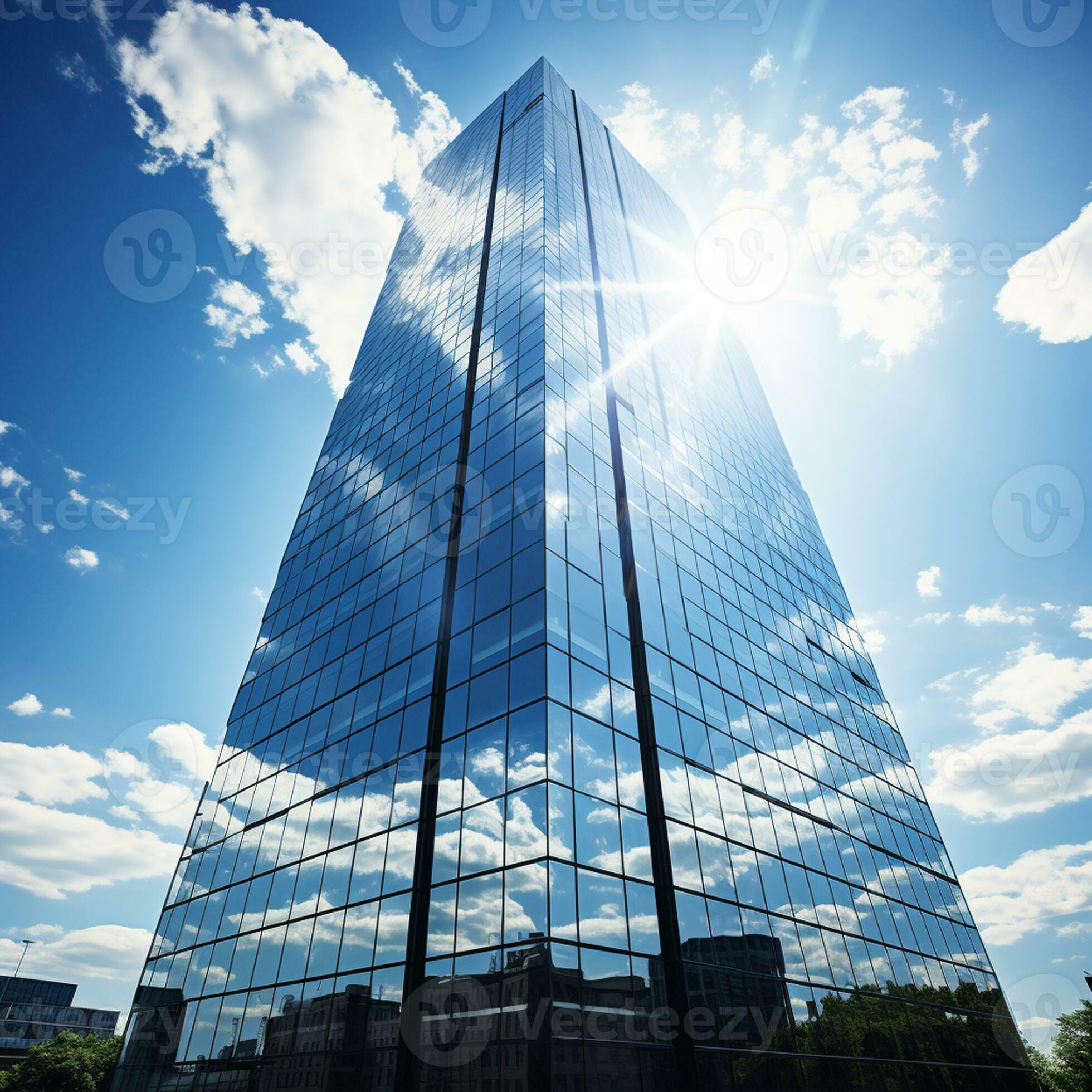 Bottom View of Amazing Modern Buildings Against Background of Blue