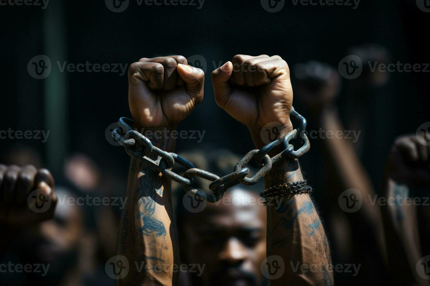 Close up of hands with chained hands on dark background. Freedom concept Ai generative photo