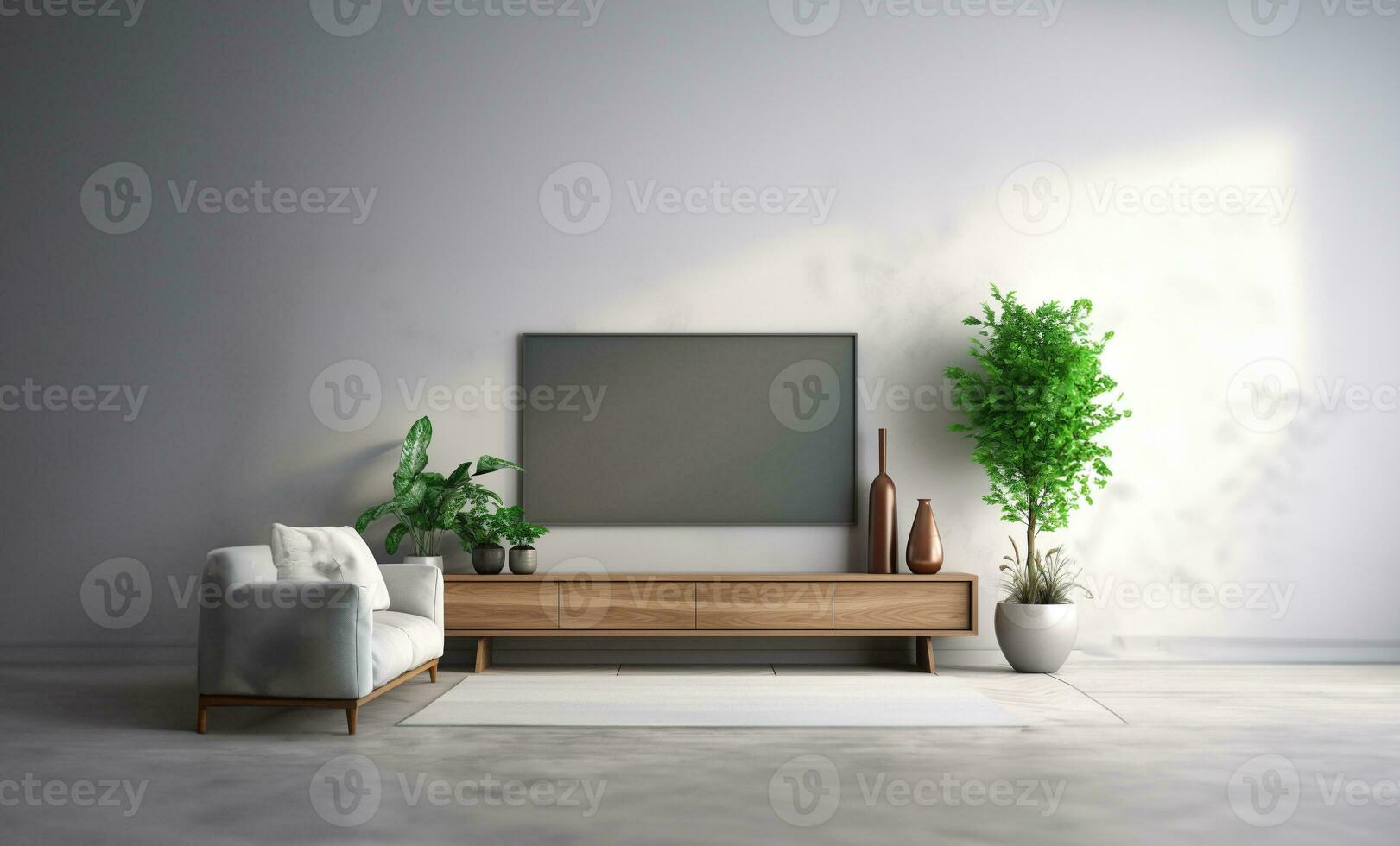 Interior mock up living room. cabinet for TV or place object in modern living room with lamp,table,flower and plant. AI Generative. photo