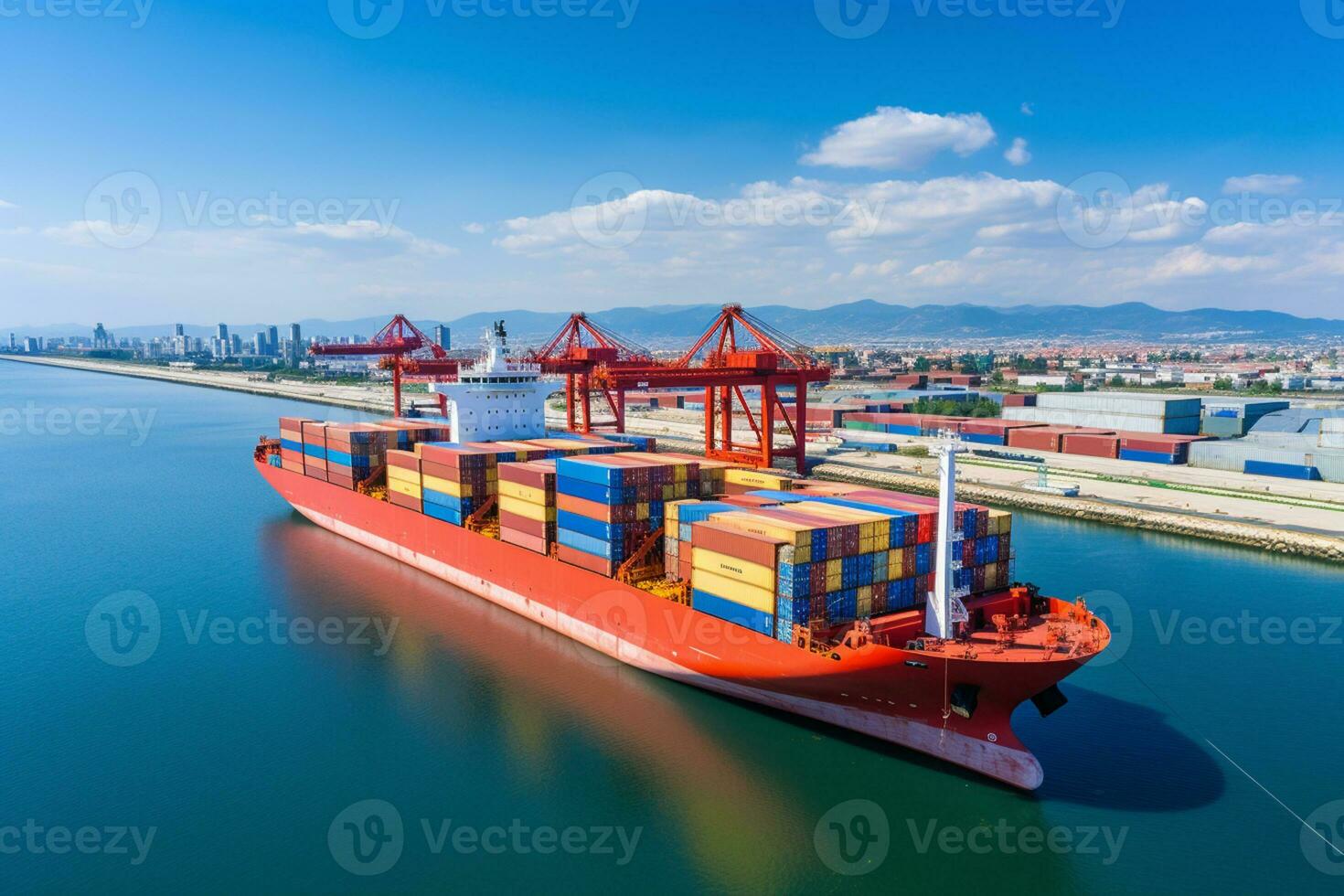 Container Cargo freight ship with working crane bridge for Logistic Import Export background Ai generative photo