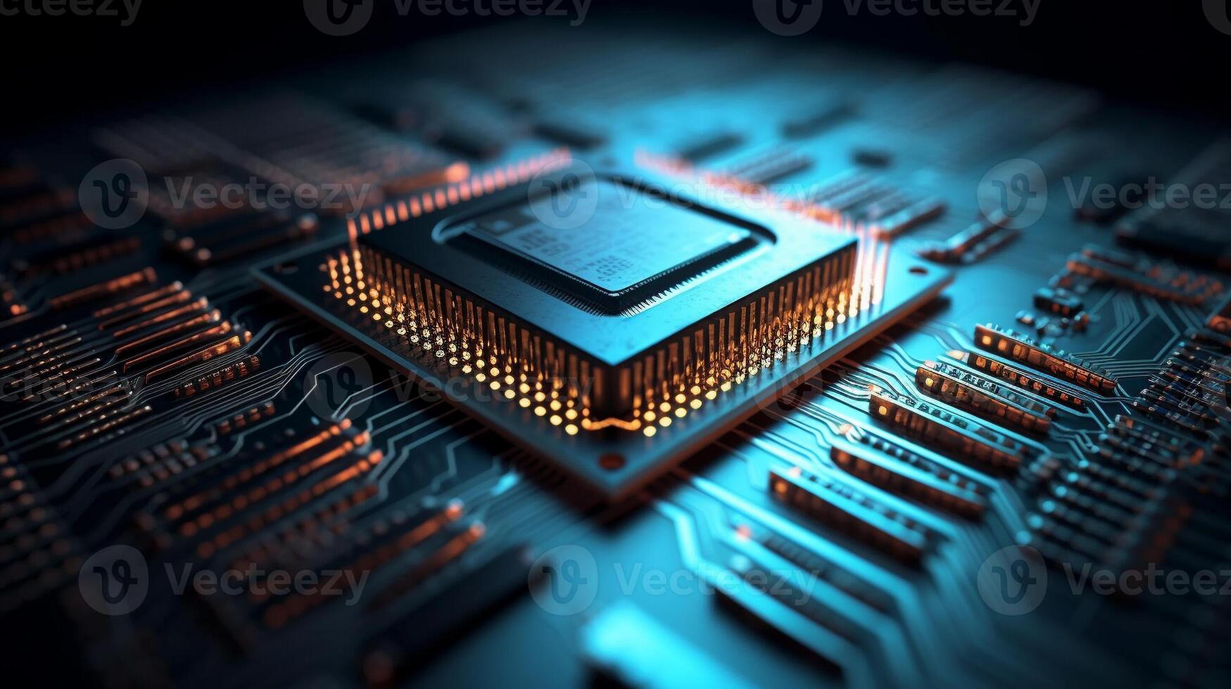 Micro CPU on circuit board with red lighting 3D. . photo