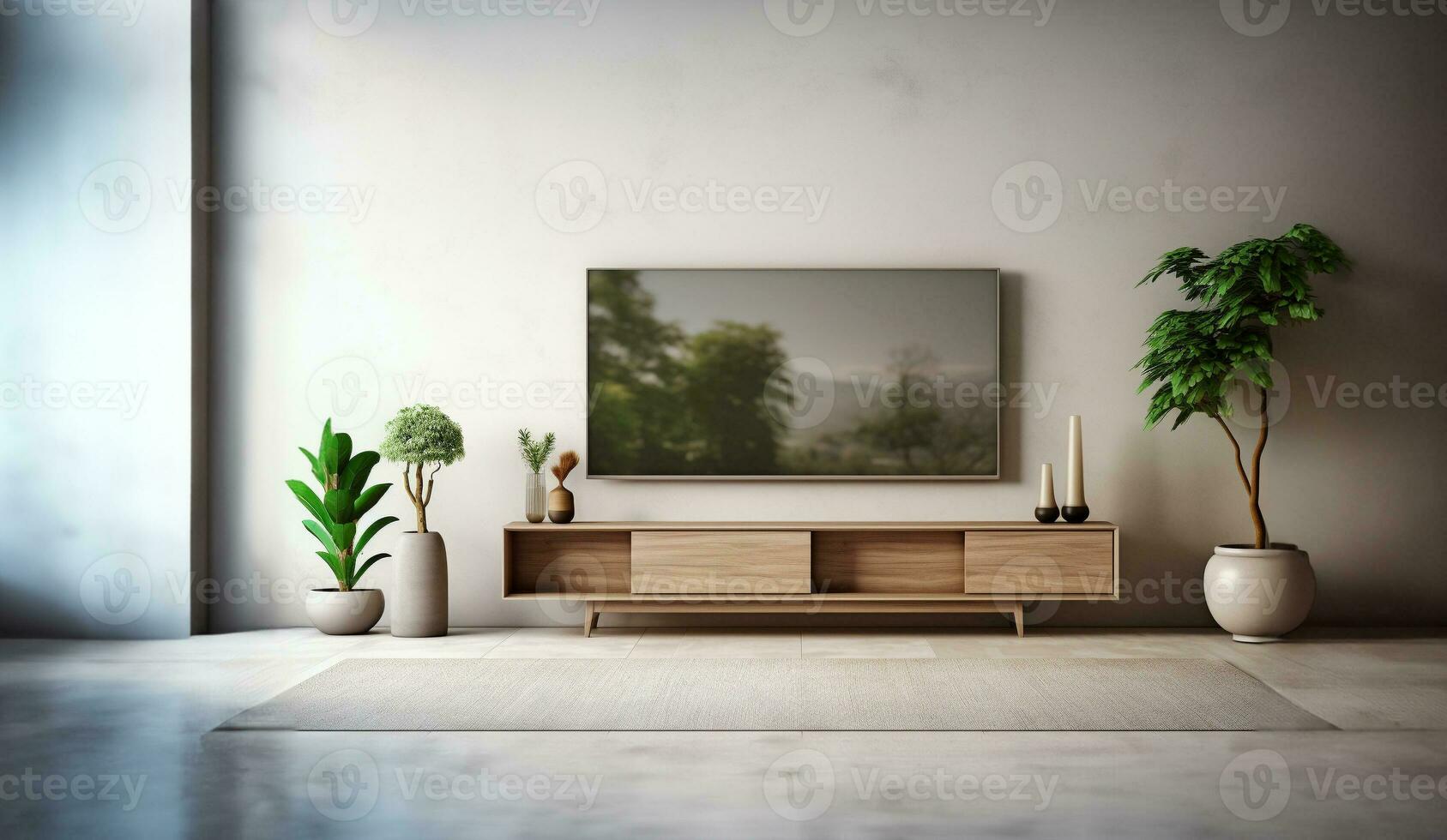 Interior mock up living room. cabinet for TV or place object in modern living room with lamp,table,flower and plant. AI Generative. photo