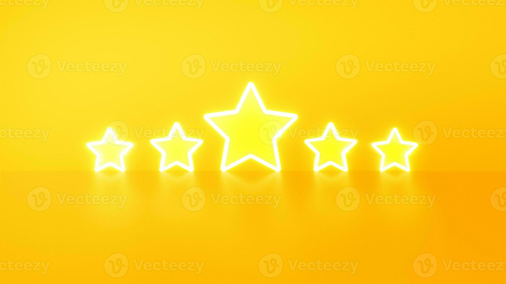 Neon light style 5 stars user rating for feedback or survey on yellow background. photo