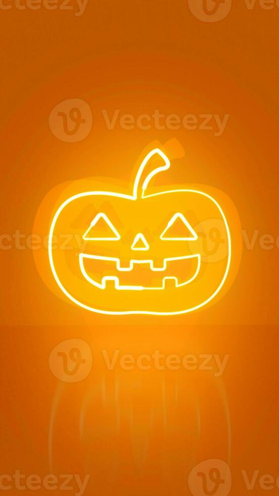 Pumpkin in neon on orange background with space for text. Halloween concept. photo