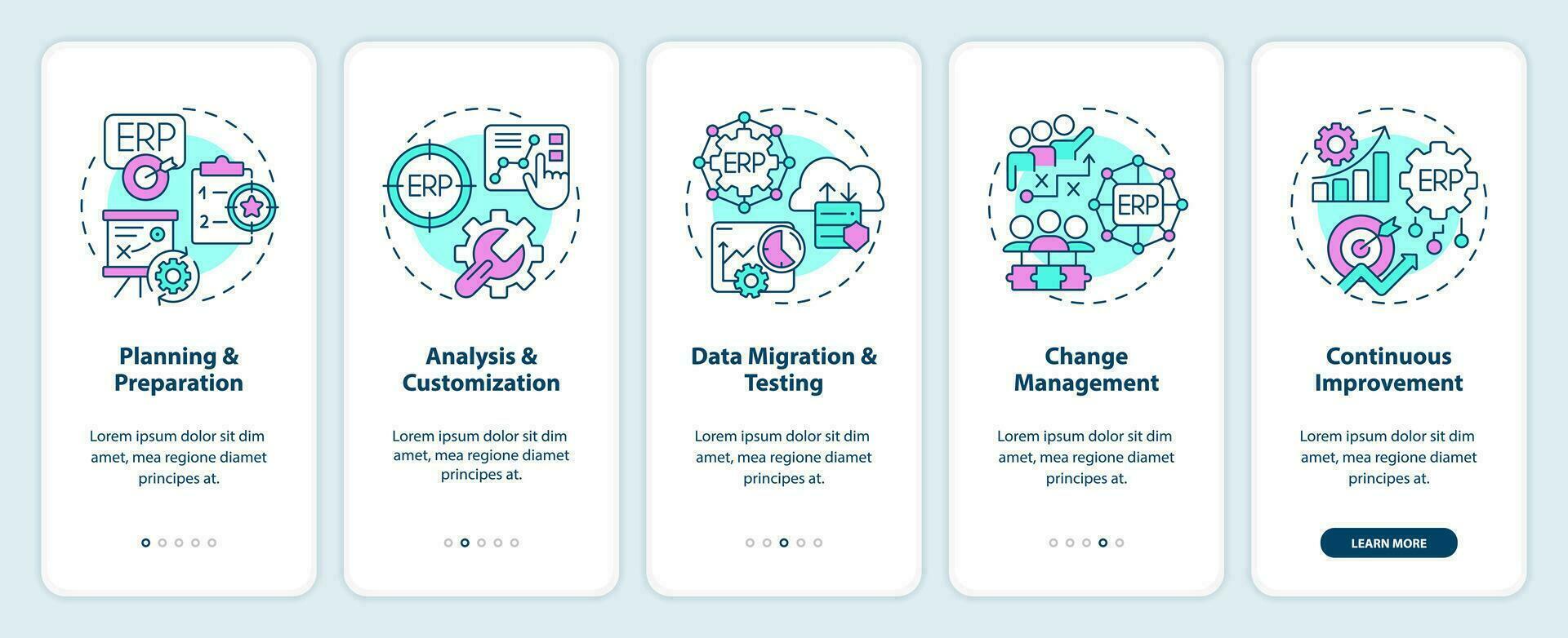 2D icons representing enterprise resource planning mobile app screen set. Walkthrough 5 steps graphic instructions with linear icons concept, UI, UX, GUI template. vector