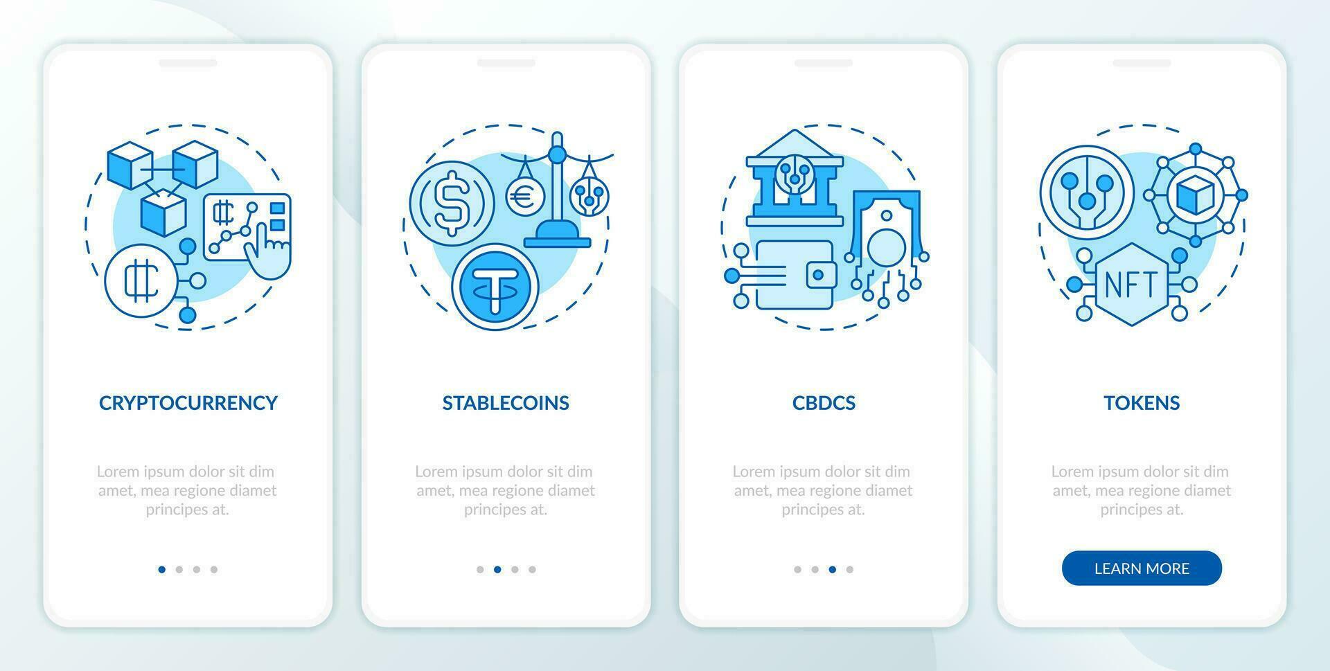 2D icons representing digital currency mobile app screen set. Walkthrough 4 steps blue graphic instructions with thin linear icons concept, UI, UX, GUI template. vector
