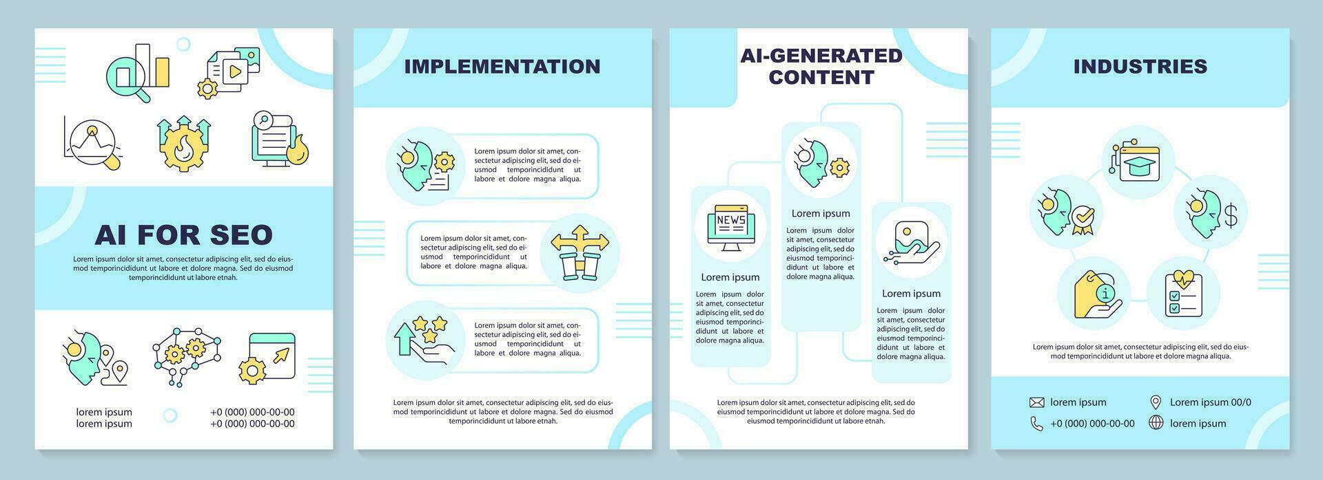 2D AI for SEO blue brochure template, leaflet design with thin line icons, 4 vector layouts.