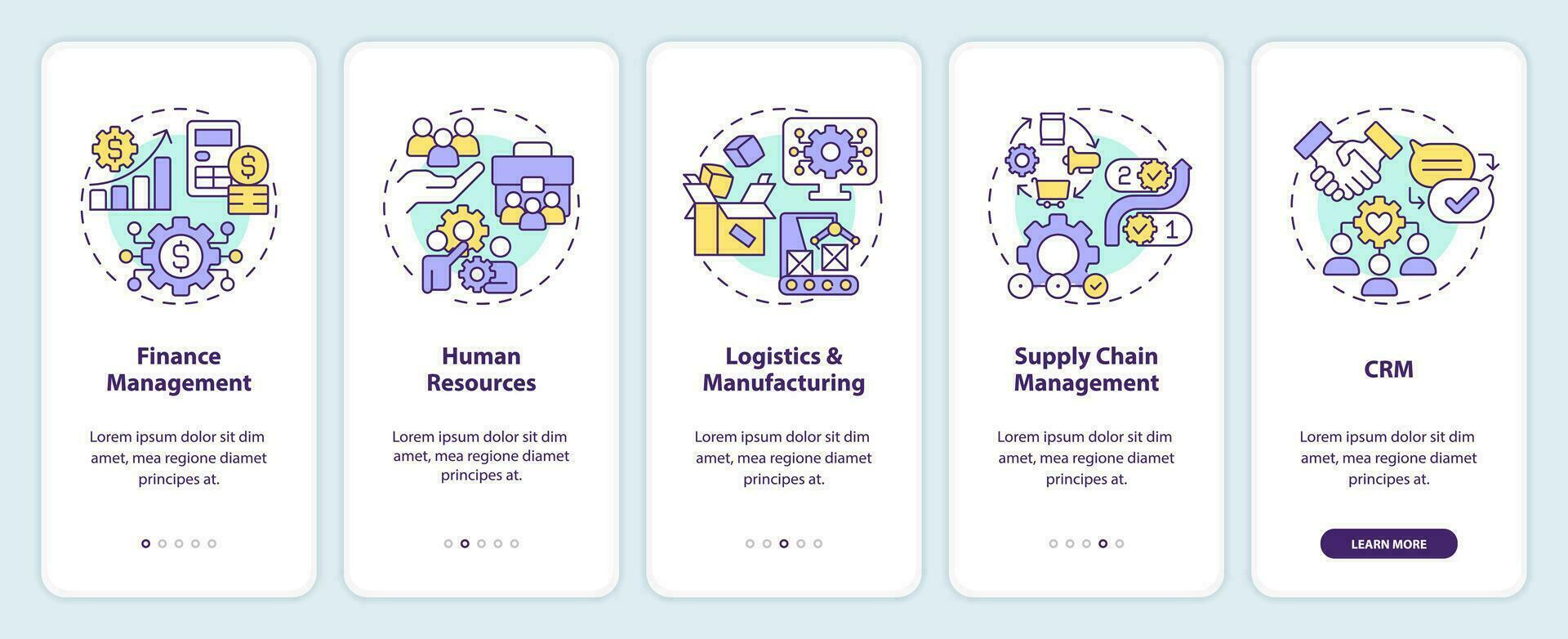 2D icons representing enterprise resource planning mobile app screen set. Walkthrough 5 steps colorful graphic instructions with linear icons concept, UI, UX, GUI template. vector