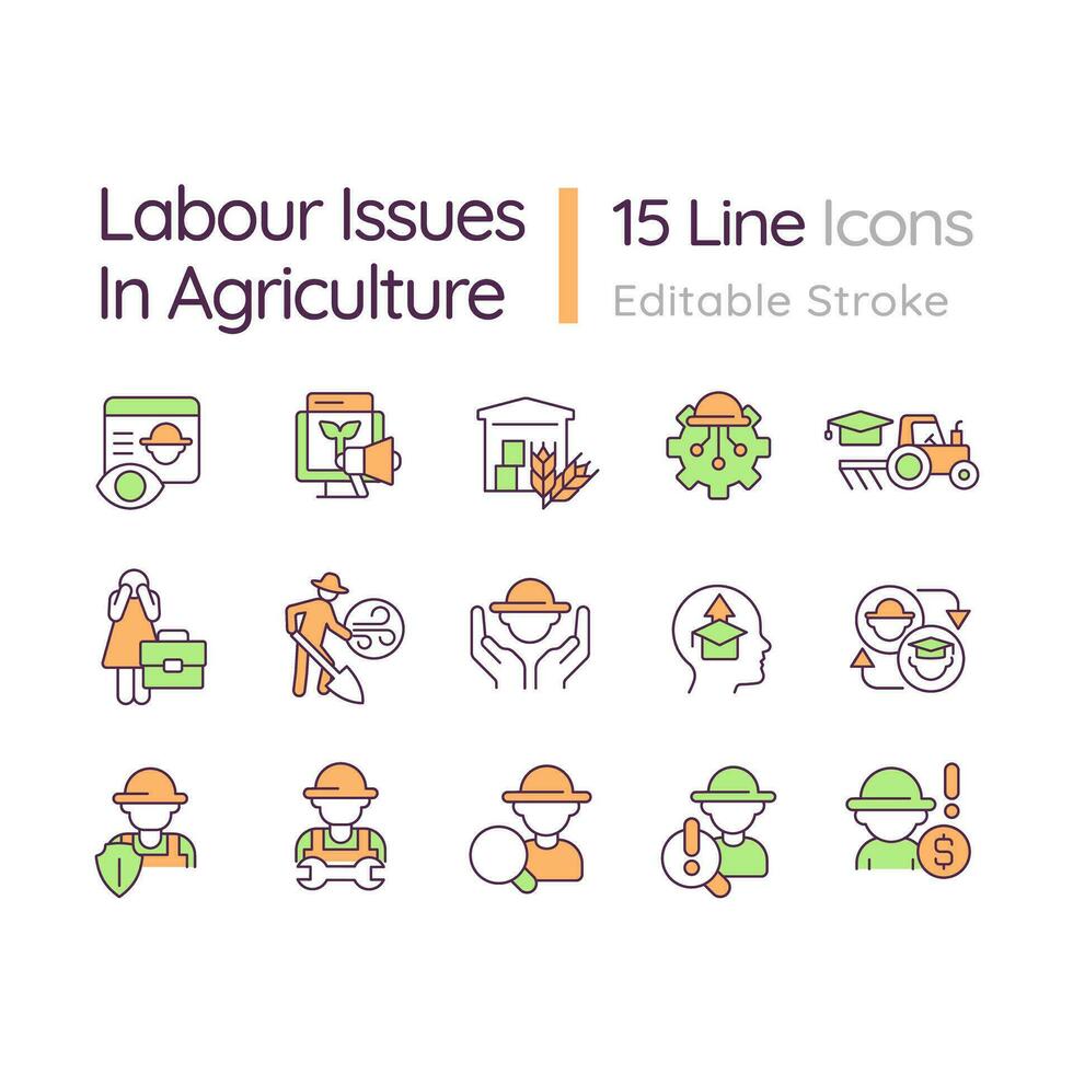 Labour issues in agriculture RGB color icons set. Food production 
